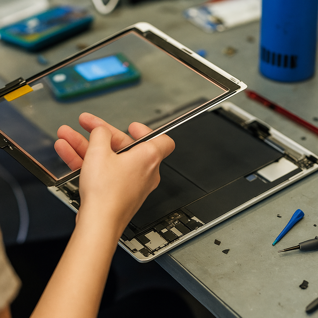 Person holds a tablet in front of an open laptop on a workbench with tools and electronic parts.