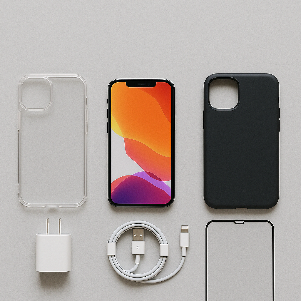 Disassembled iPhone with white charging cable, black case, transparent case, charger, and screen protector on light gray surface.