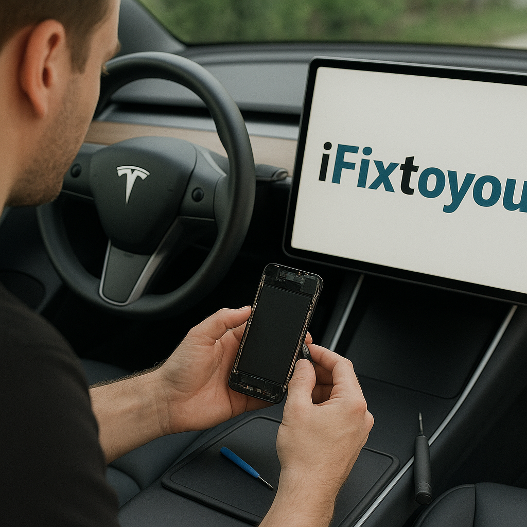 A person sitting in a Tesla car using a smartphone, with a screen displaying 'iFixtoyou' in the dashboard.