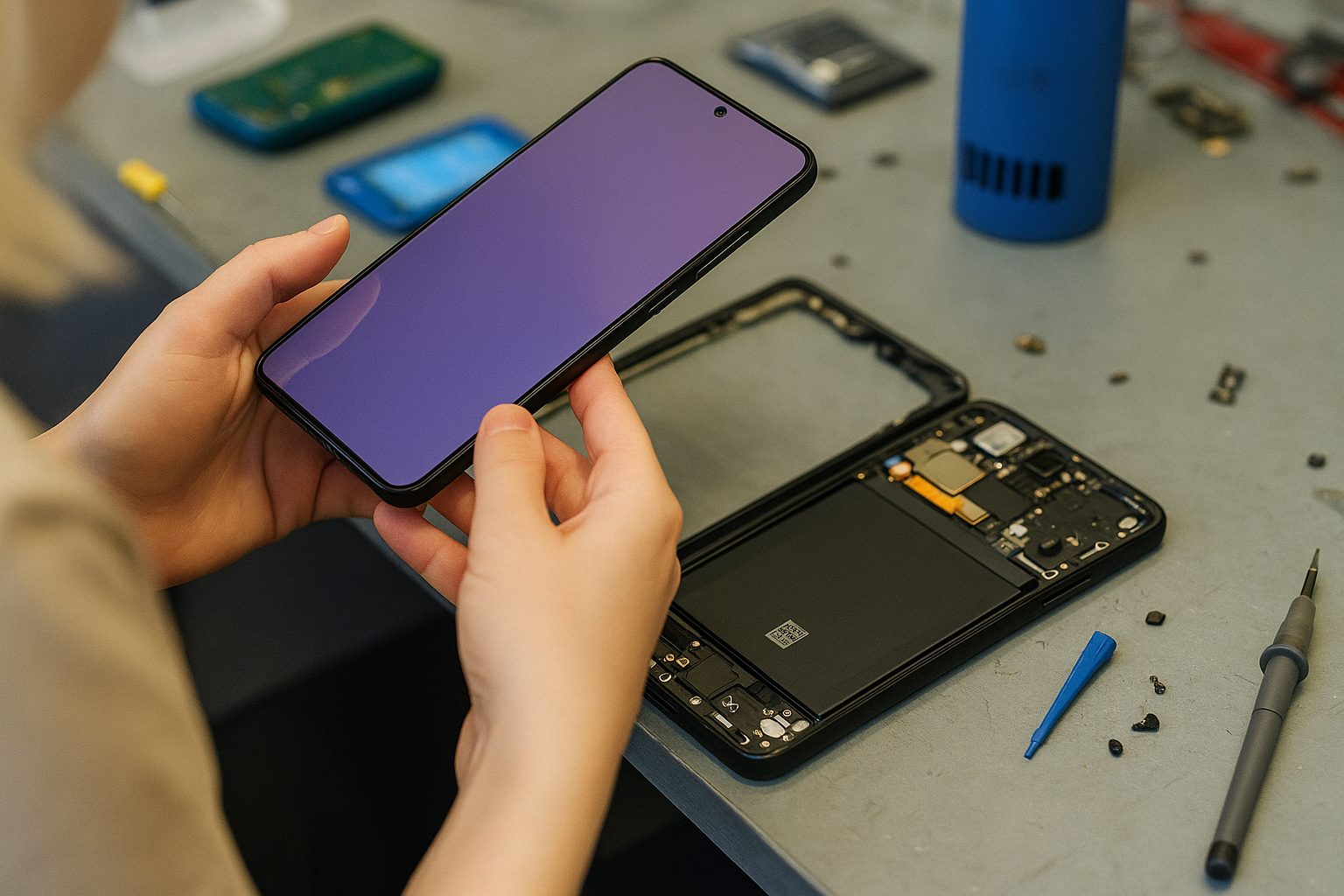 Person repairing a smartphone, with the back cover removed, on a workbench with small tools and parts scattered around.