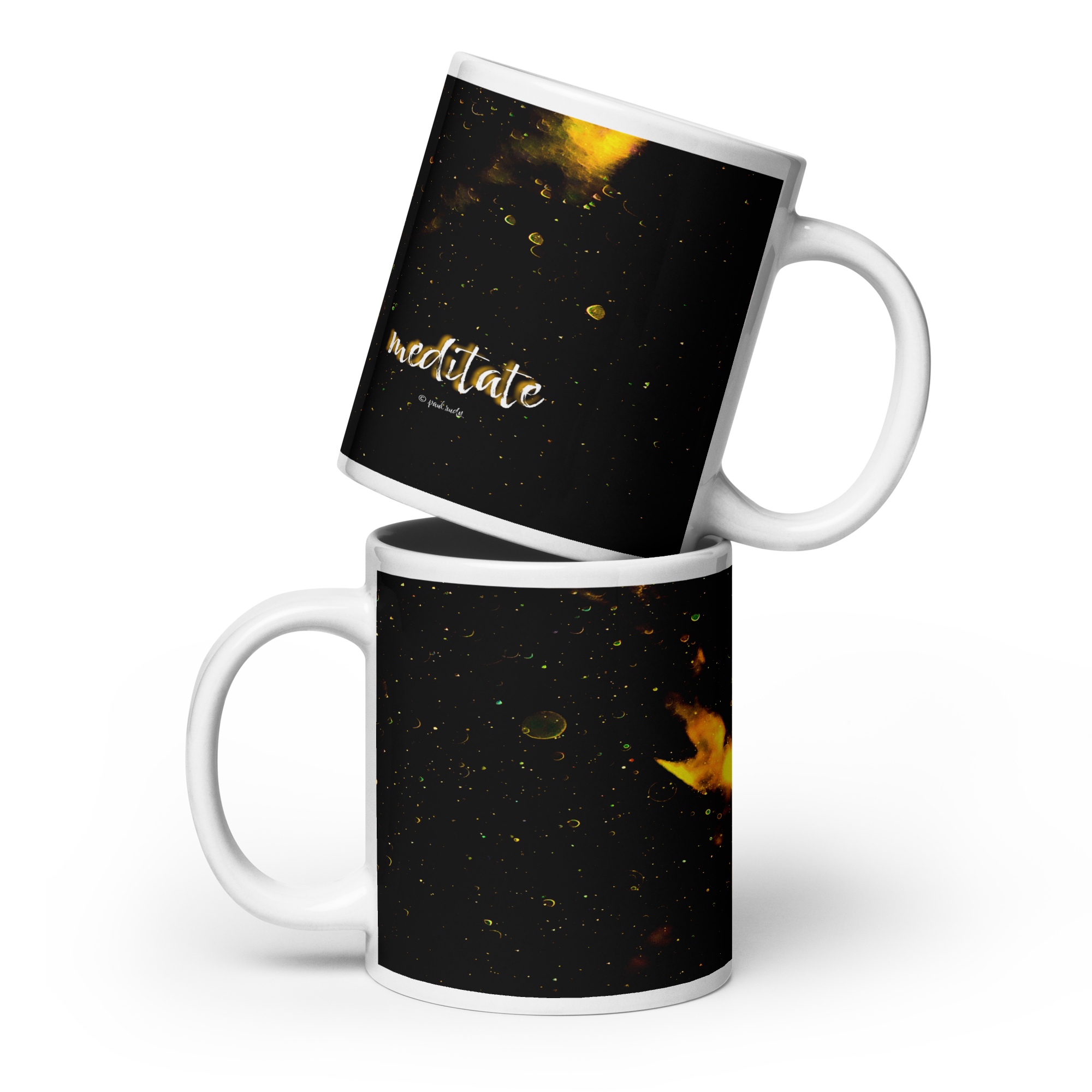 White Glossy Mug - 20, 15, 11 oz - Meditate by Paul Rudy & the Kate Shu Collective