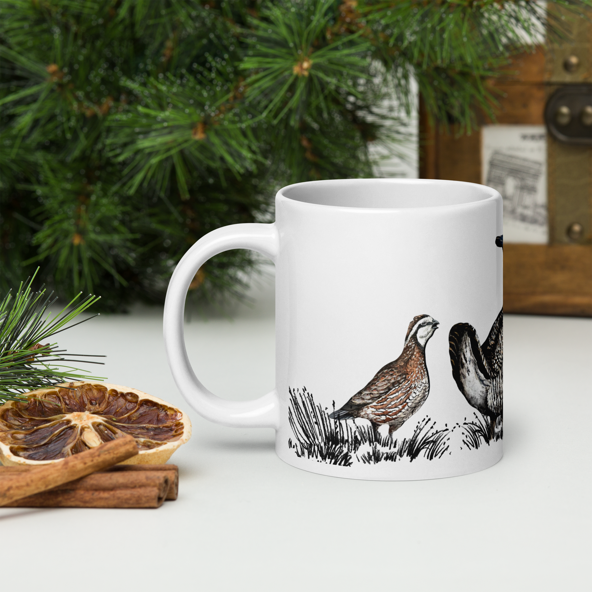 White Glossy Mug - 20, 15, 11 oz - Ornithology: Kestrel Collection, Mama's Duet by Nolan Benzing, Gary L Hightshoe & the Kate Shu Collective