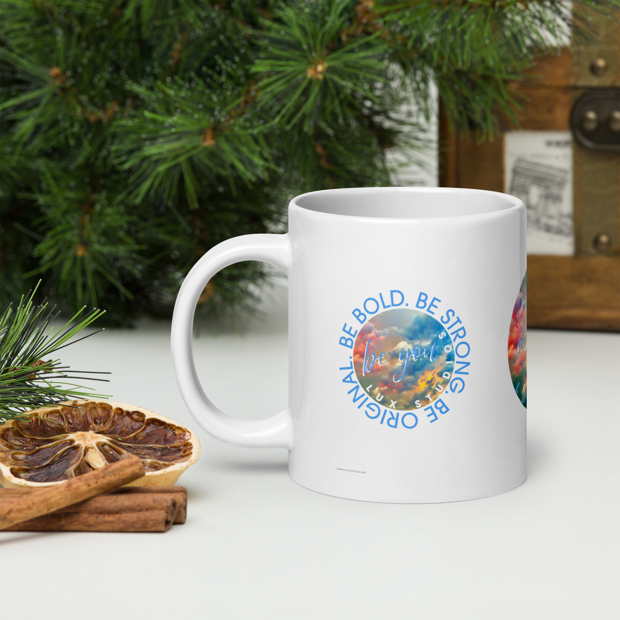 White Glossy Mug - 20, 15, 11 oz - Authentic You Baby Blue by Lux Studios, Original Artwork by Paul Rudy & the Kate Shu Collective