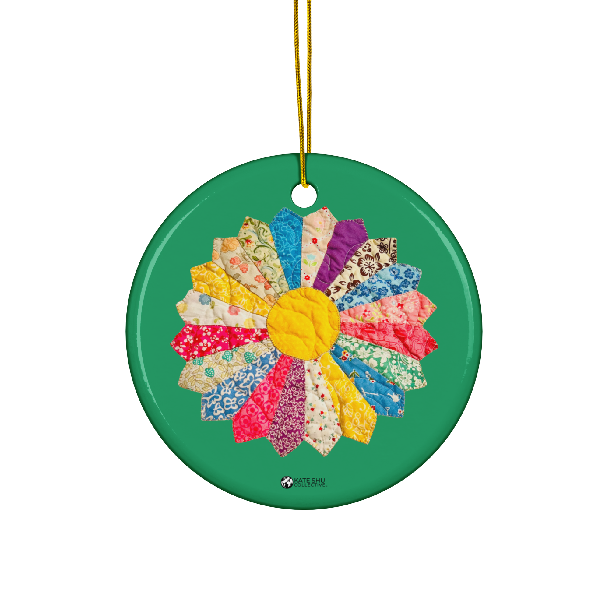 Ceramic Ornament - Circle - Green with Envy - Quilted by MaryKay Lambert & the Kate Shu Collective