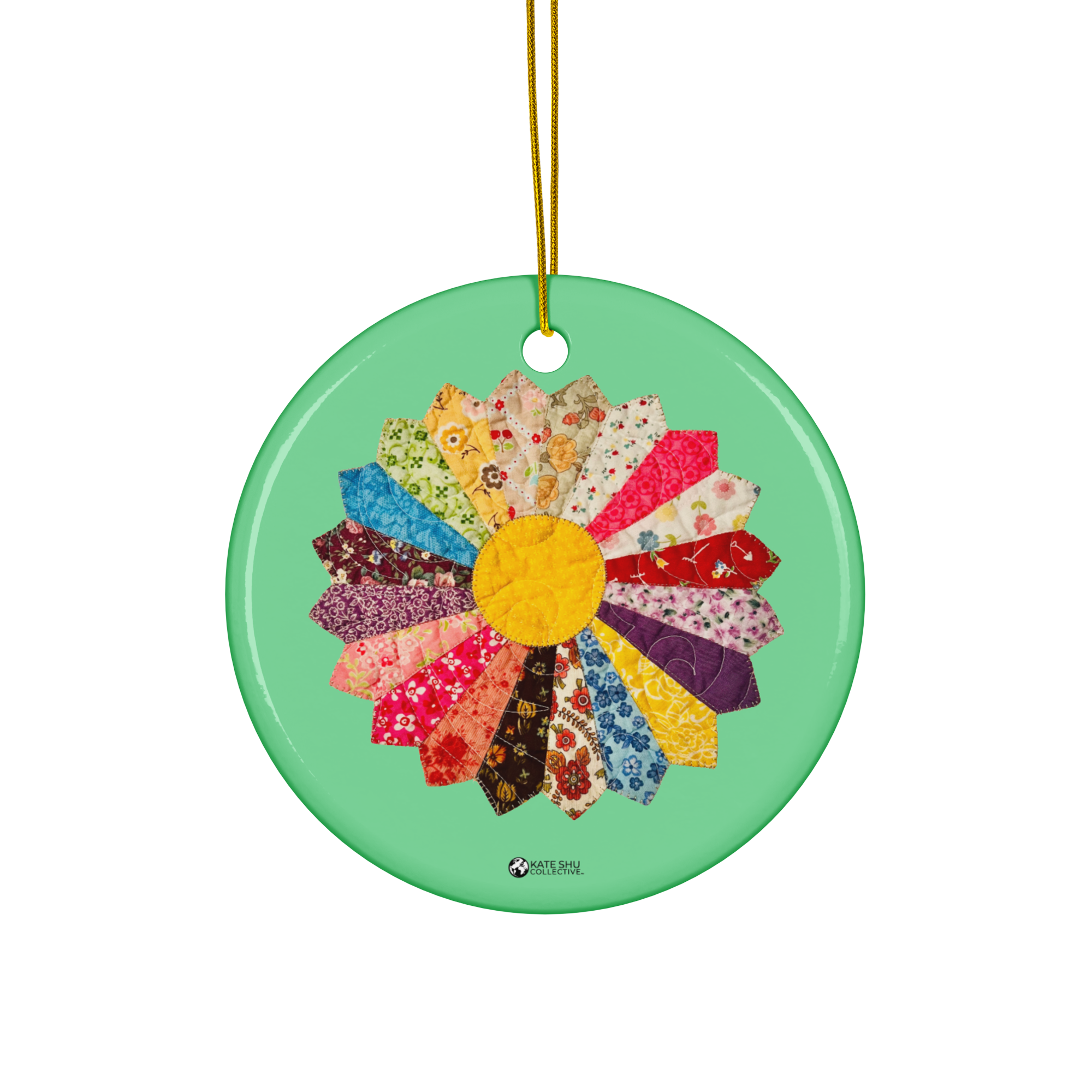 Ceramic Ornament - Circle - SeaFoam - Quilted by MaryKay Lambert & the Kate Shu Collective