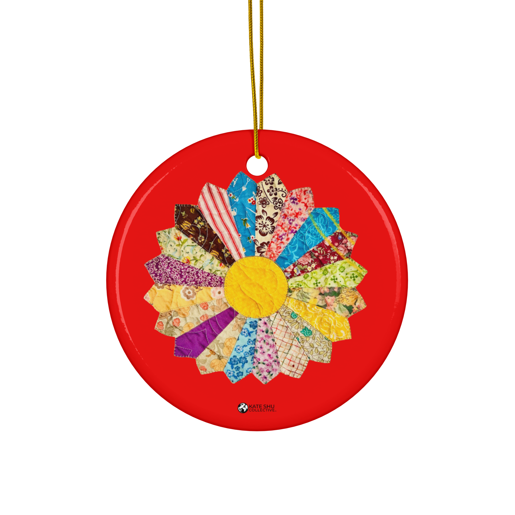 Ceramic Ornament - Circle - Fireball Red - Quilted by MaryKay Lambert & the Kate Shu Collective