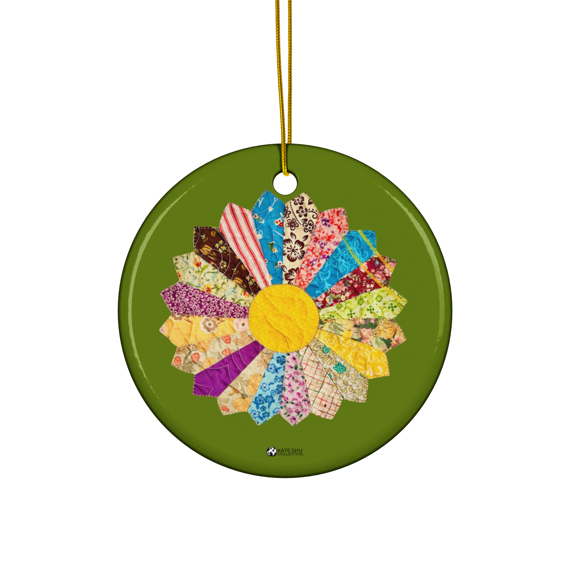 Ceramic Ornament - Circle - Kermit - Quilted by MaryKay Lambert & the Kate Shu Collective