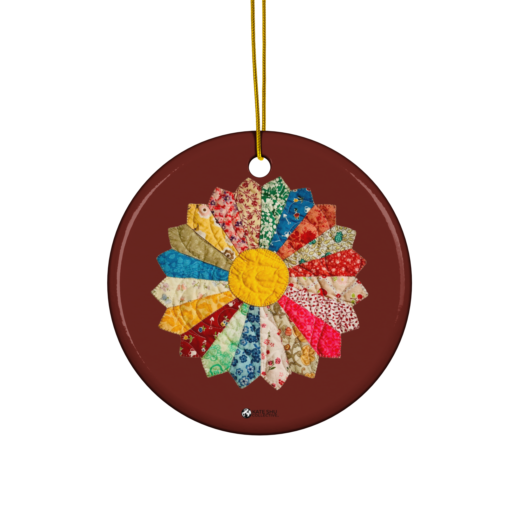 Ceramic Ornament - Circle - Chocolate Cherry - Quilted by MaryKay Lambert & the Kate Shu Collective