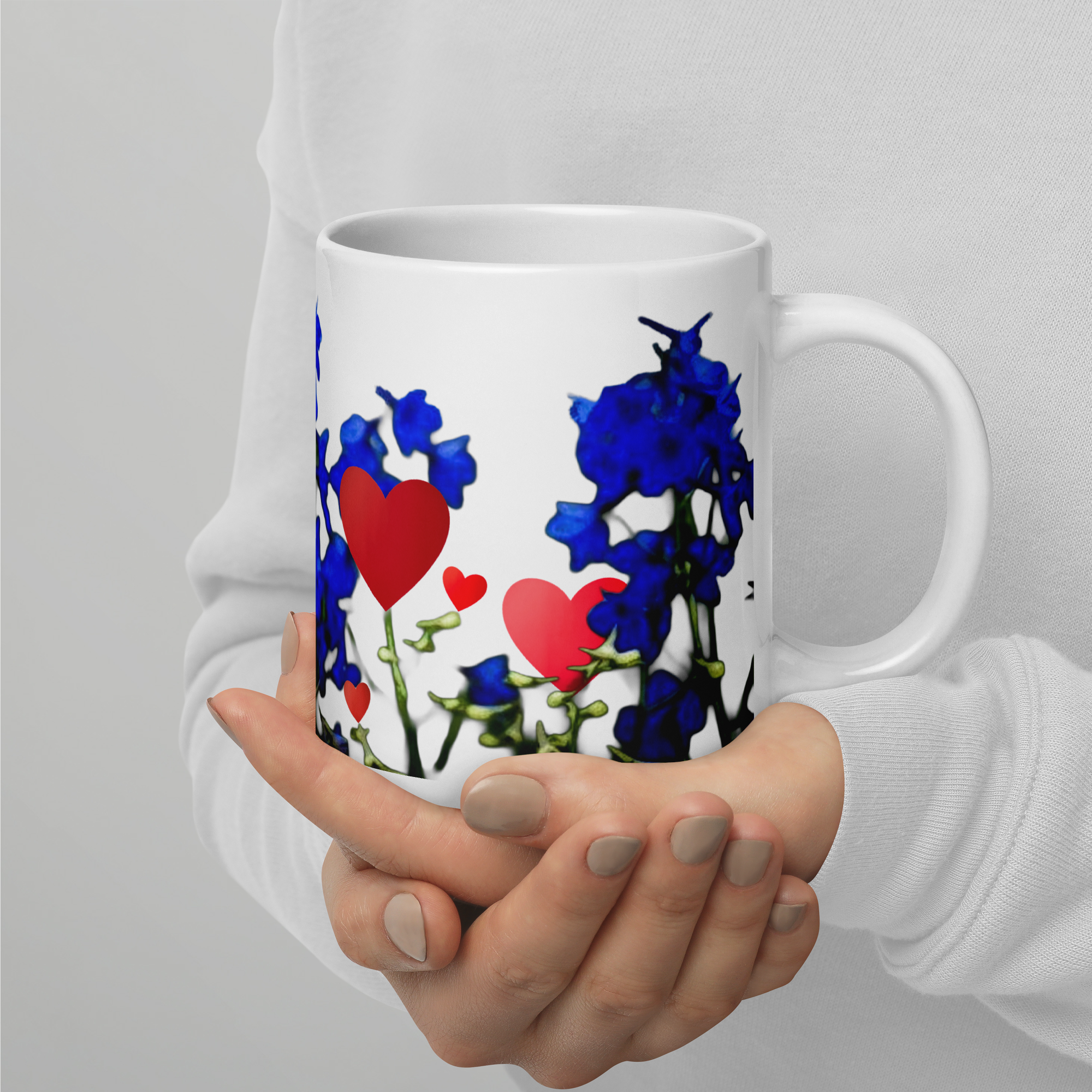 White Glossy Mug - 20, 15, 11 oz - Love Chases the Blues Away by Suzie Hightshoe & the Kate Shu Collective