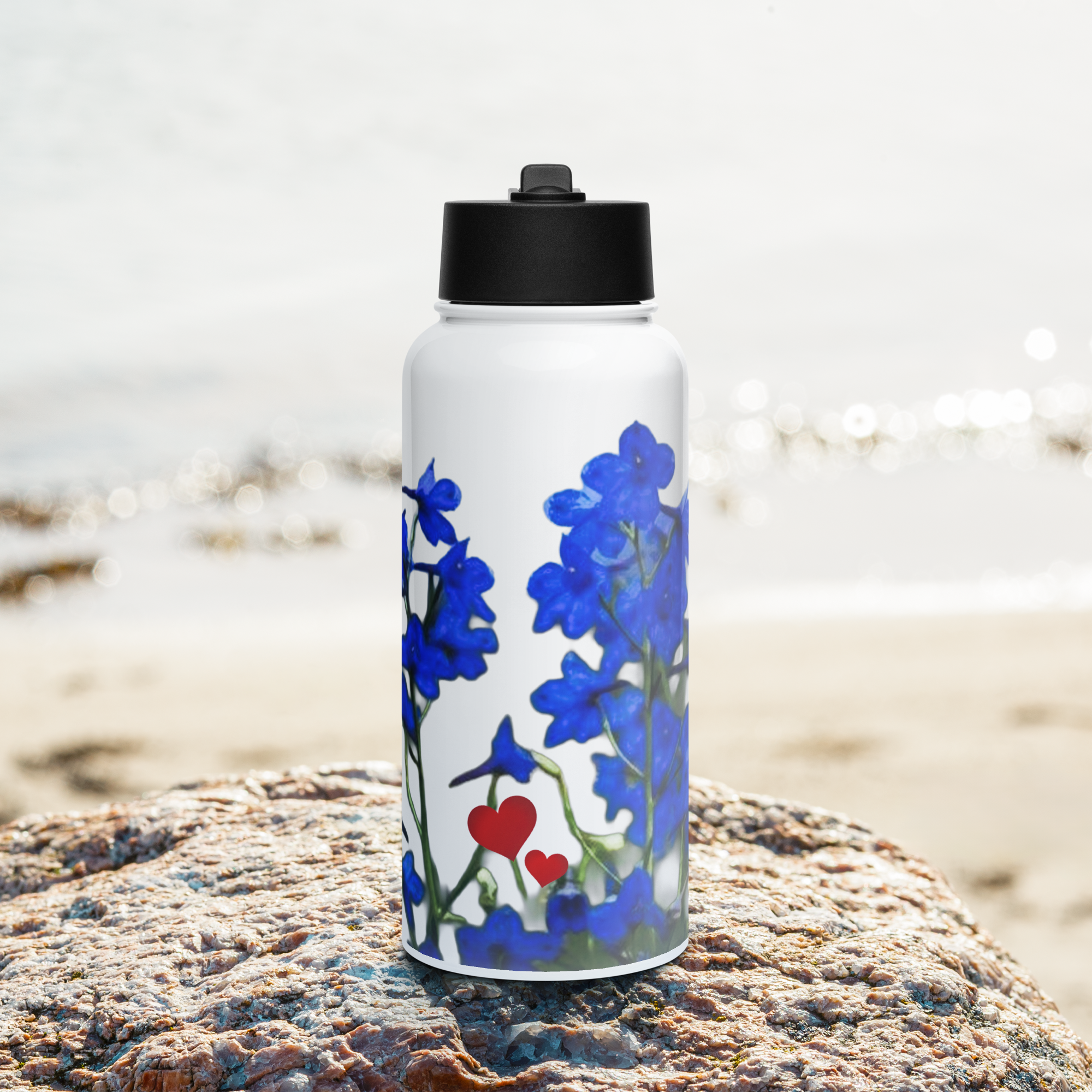 Stainless Steel Water Bottle with a Straw Lid - 32 oz - Love Chases the Blues Away by Suzie Hightshoe & the Kate Shu Collective