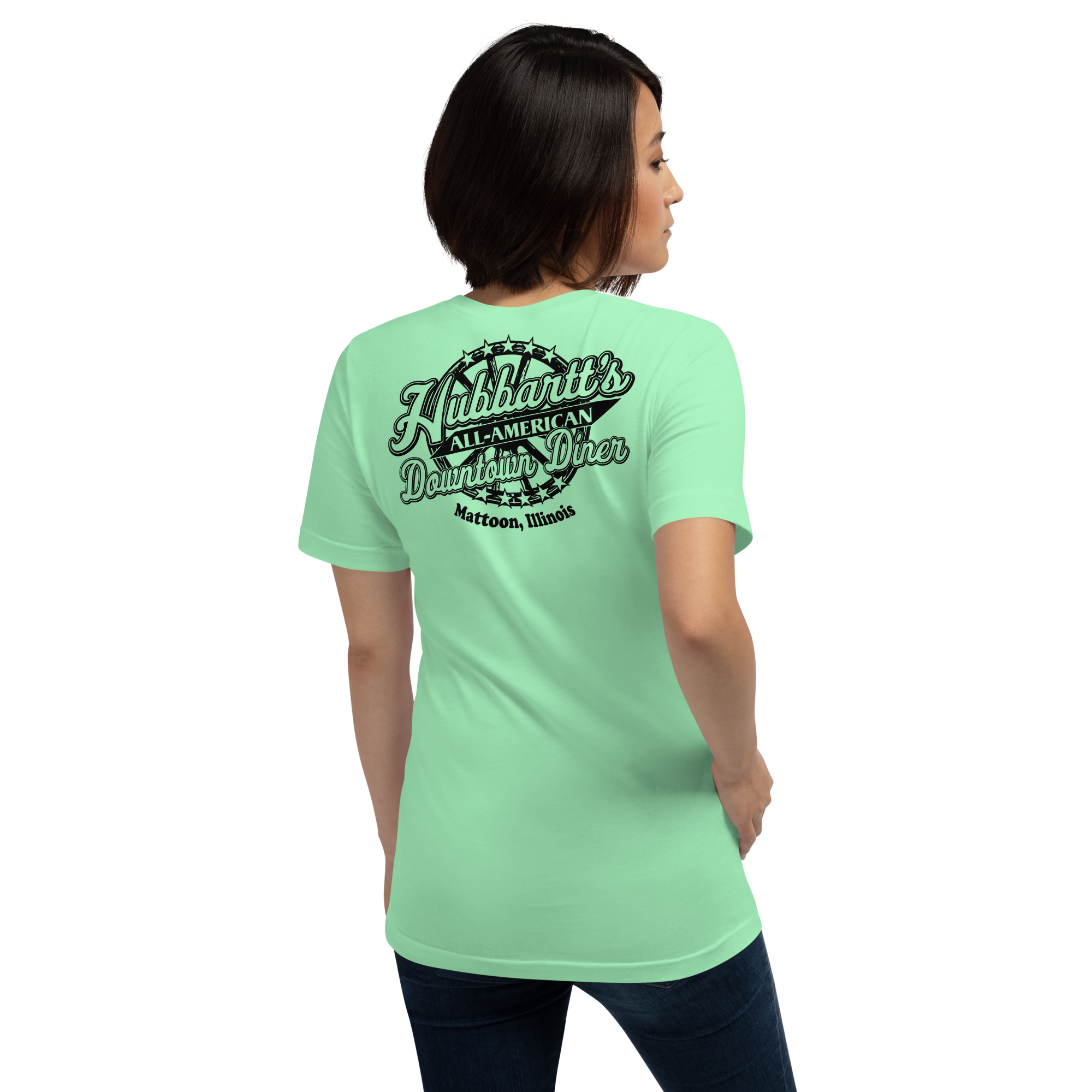 Unisex Staple T-Shirt - 10 Colors, 9 Sizes, Black Front & Back Logo - From Hubbartt's Downtown Diner at the Monarch Shoppe