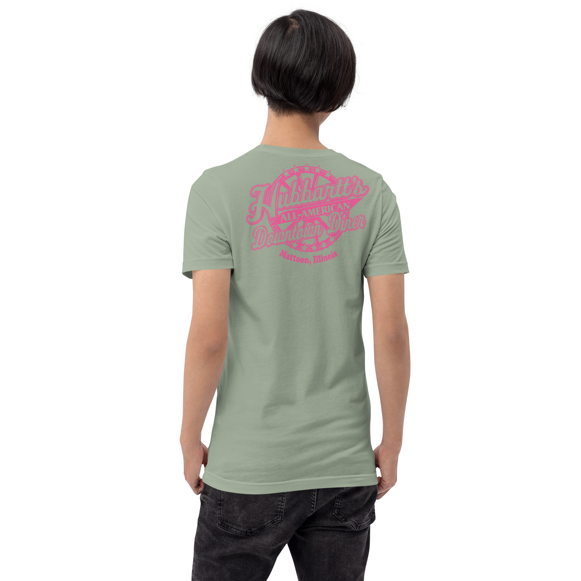 Unisex Staple T-Shirt - 12 Colors, 8 Sizes, Pink Front & Back Logo - From Hubbartt's Downtown Diner at the Monarch Shoppe