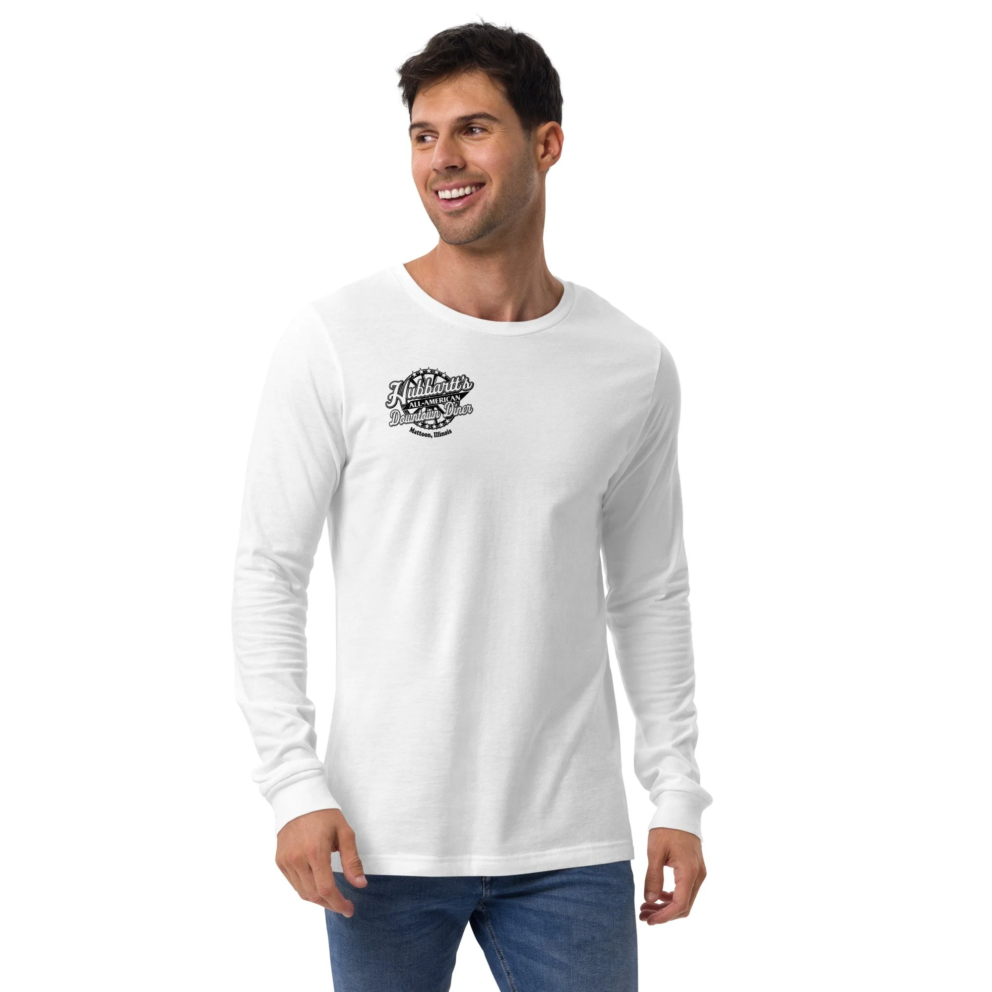 Unisex Long Sleeve Tee - 9 Colors, 6 Sizes, Black Front & Back Logo - From Hubbartt's Downtown Diner at the Monarch Shoppe