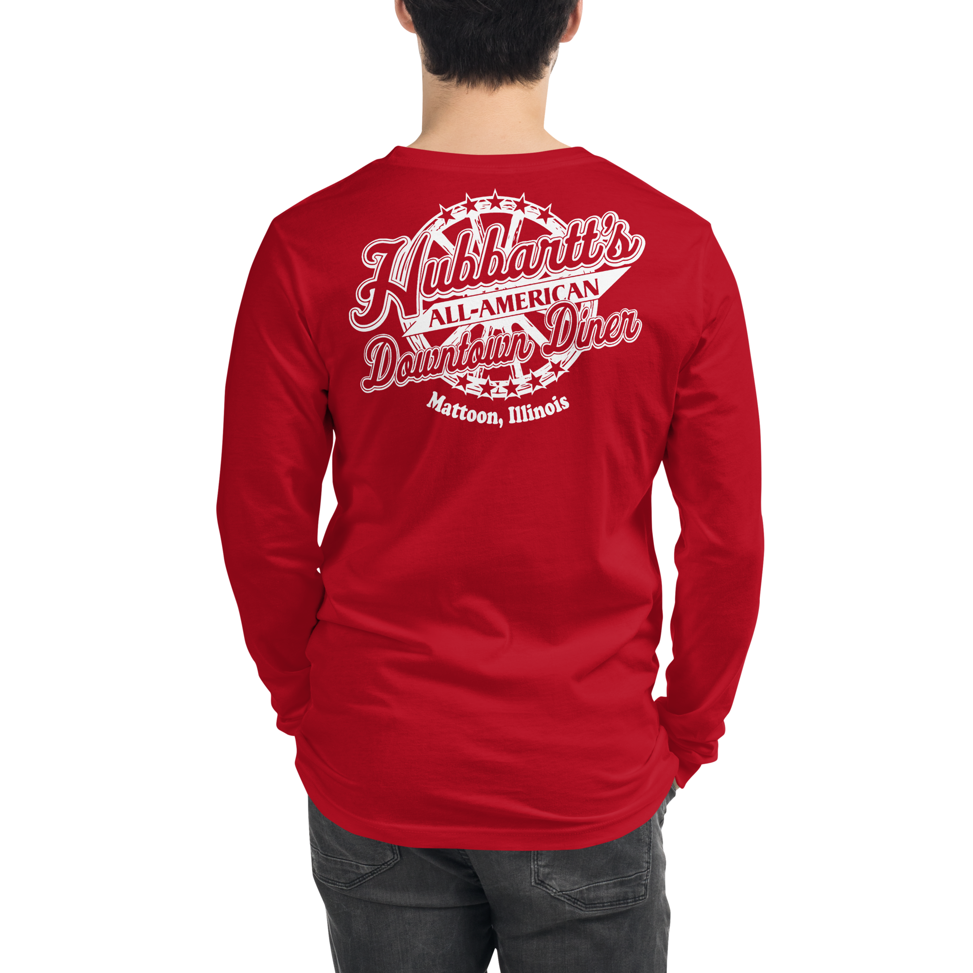 Unisex Long Sleeve Tee - 13 Colors, 6 Sizes, White Front & Back Logo - From Hubbartt's Downtown Diner at the Monarch Shoppe