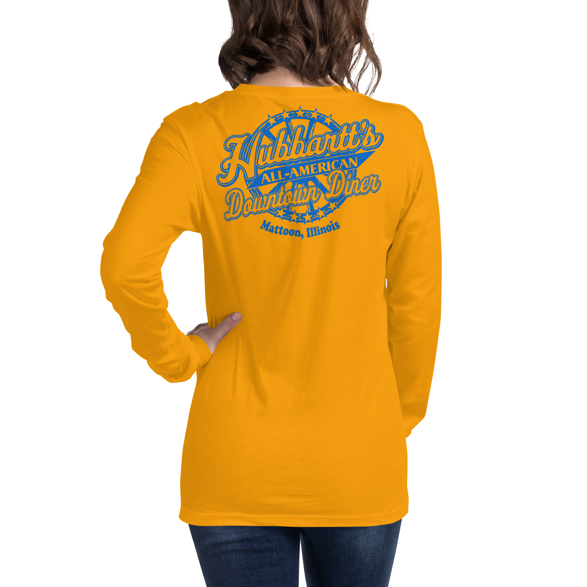 Unisex Long Sleeve Tee - 9 Colors, 6 Sizes, Blue Front & Back Logo - From Hubbartt's Downtown Diner at the Monarch Shoppe