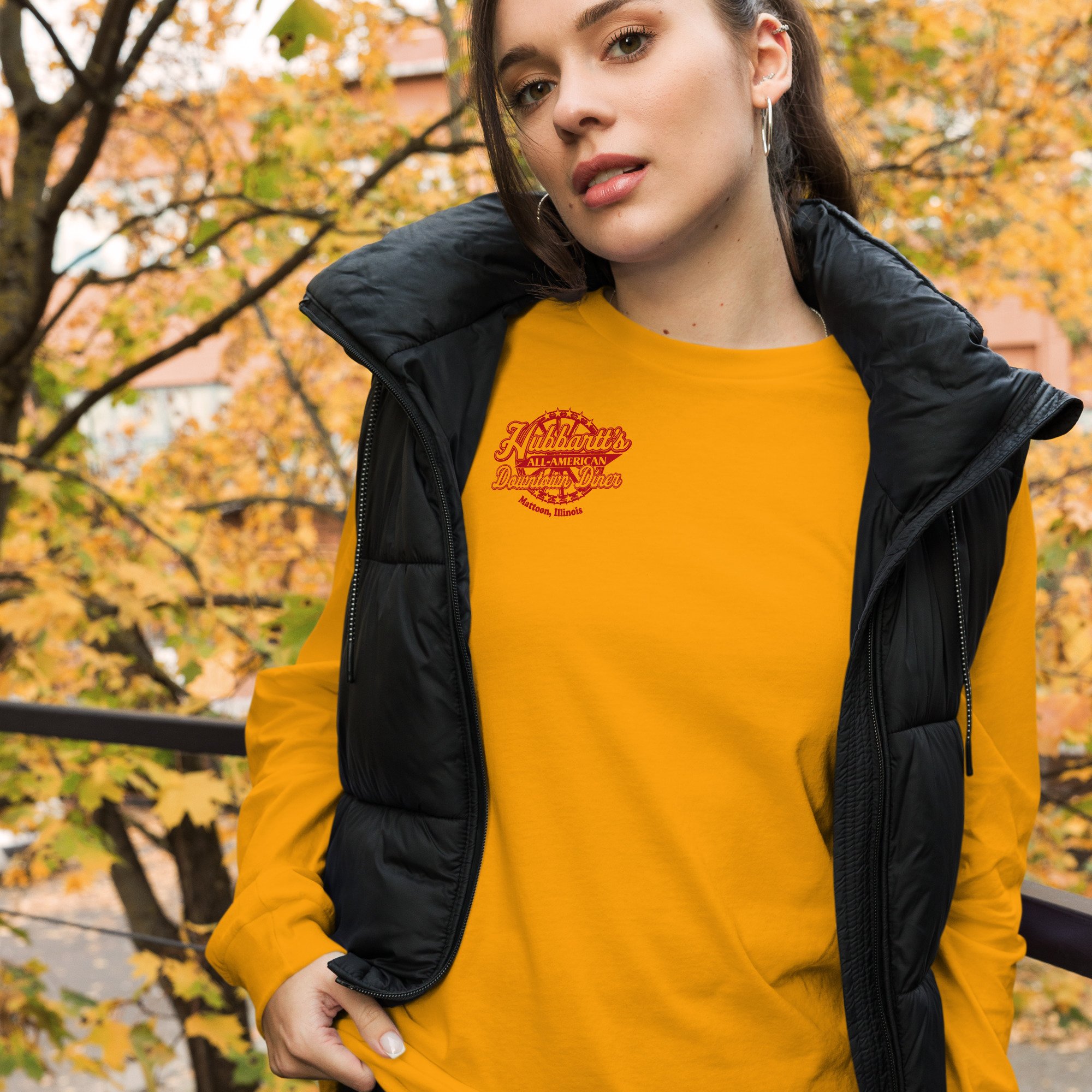 Unisex Long Sleeve Tee - 10 Colors, 6 Sizes, Red Front & Back Logo - From Hubbartt's Downtown Diner at the Monarch Shoppe