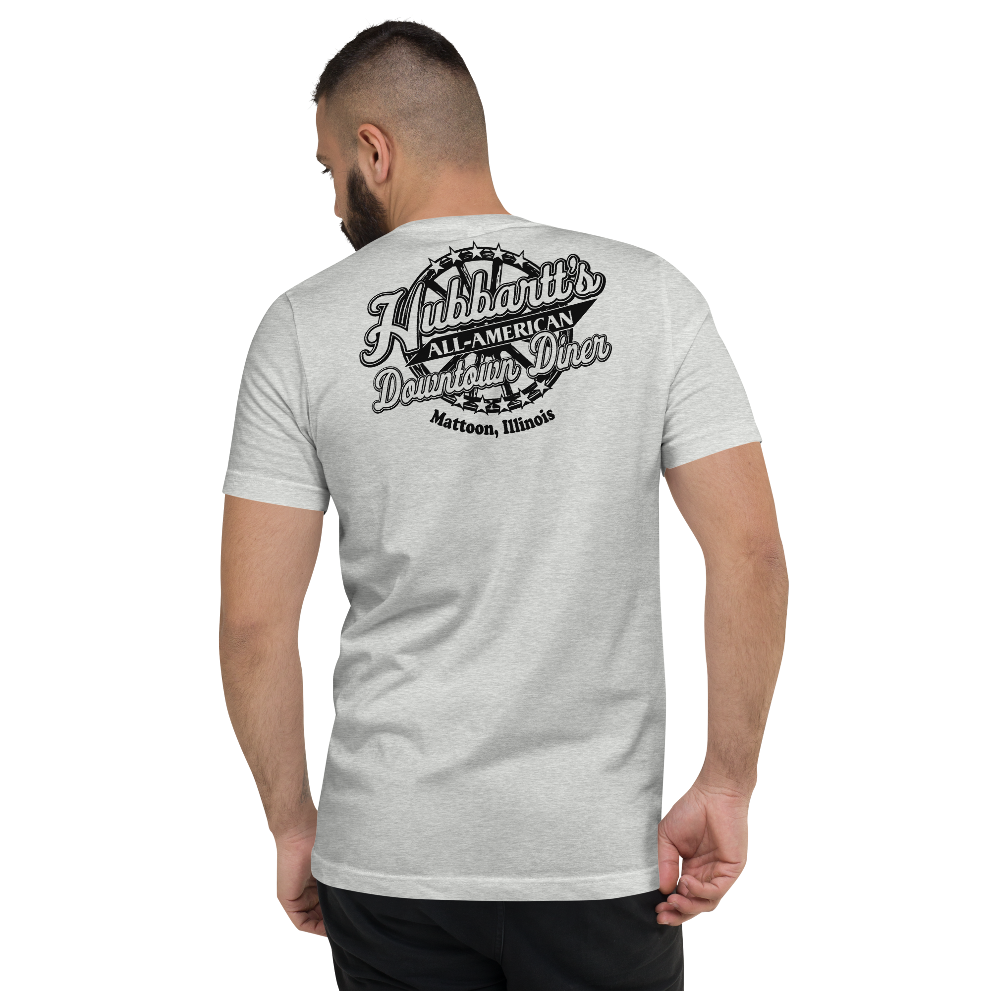 Unisex Short Sleeve V-Neck T-Shirt - 2 Colors, 6 Sizes, Black Front & Back Logo - From Hubbartt's Downtown Diner at the Monarch Shoppe