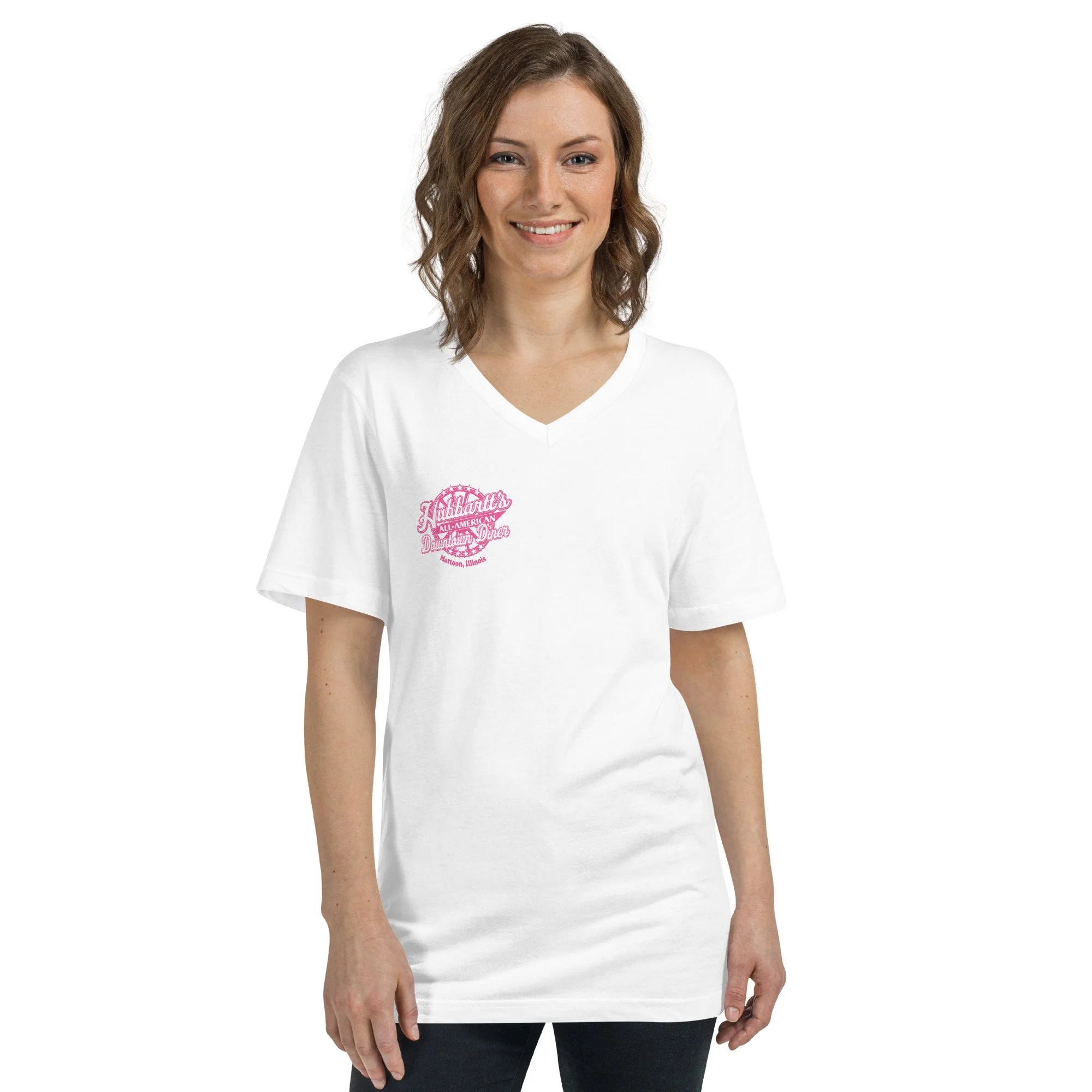 Unisex Short Sleeve V-Neck T-Shirt - 5 Colors, 6 Sizes, Pink Front & Back Logo - From Hubbartt's Downtown Diner at the Monarch Shoppe