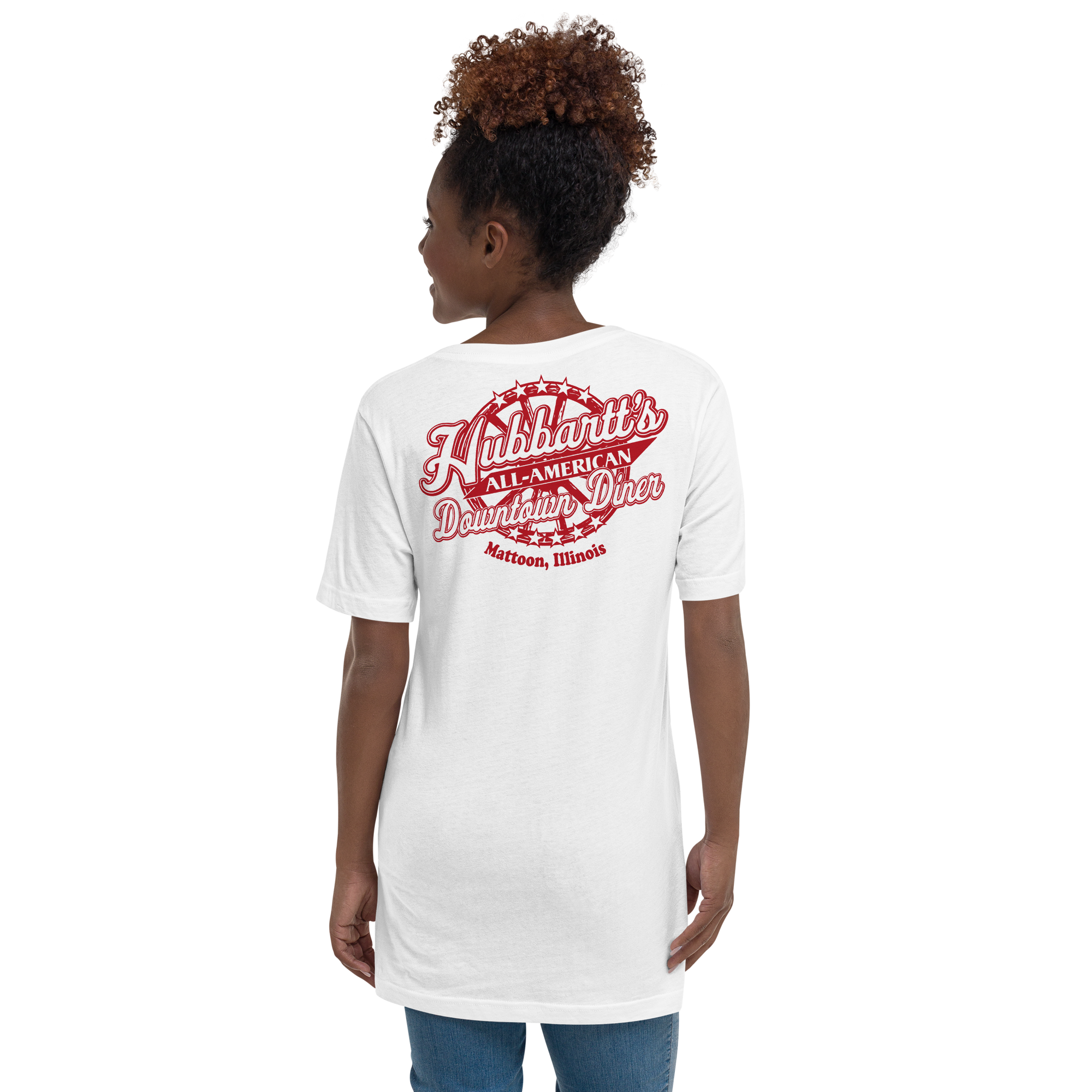 Unisex Short Sleeve V-Neck T-Shirt - 5 Colors, 6 Sizes, Red Front & Back Logo - From Hubbartt's Downtown Diner at the Monarch Shoppe