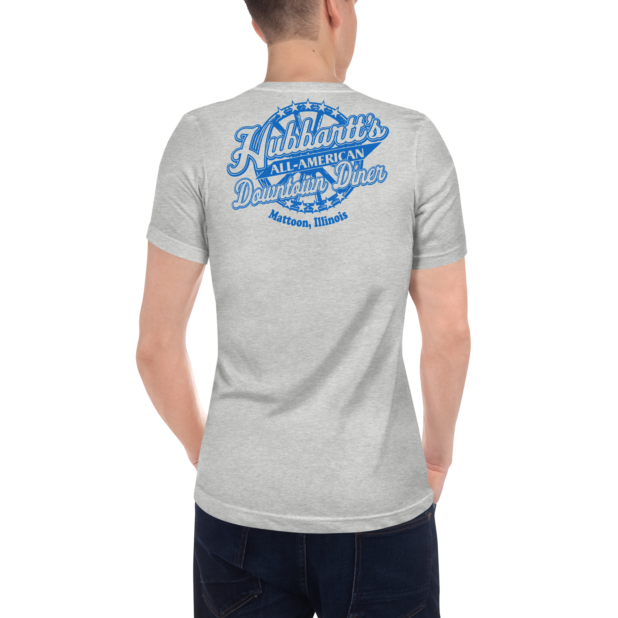 Unisex Short Sleeve V-Neck T-Shirt - 5 Colors, 6 Sizes, Blue Front & Back Logo - From Hubbartt's Downtown Diner at the Monarch Shoppe