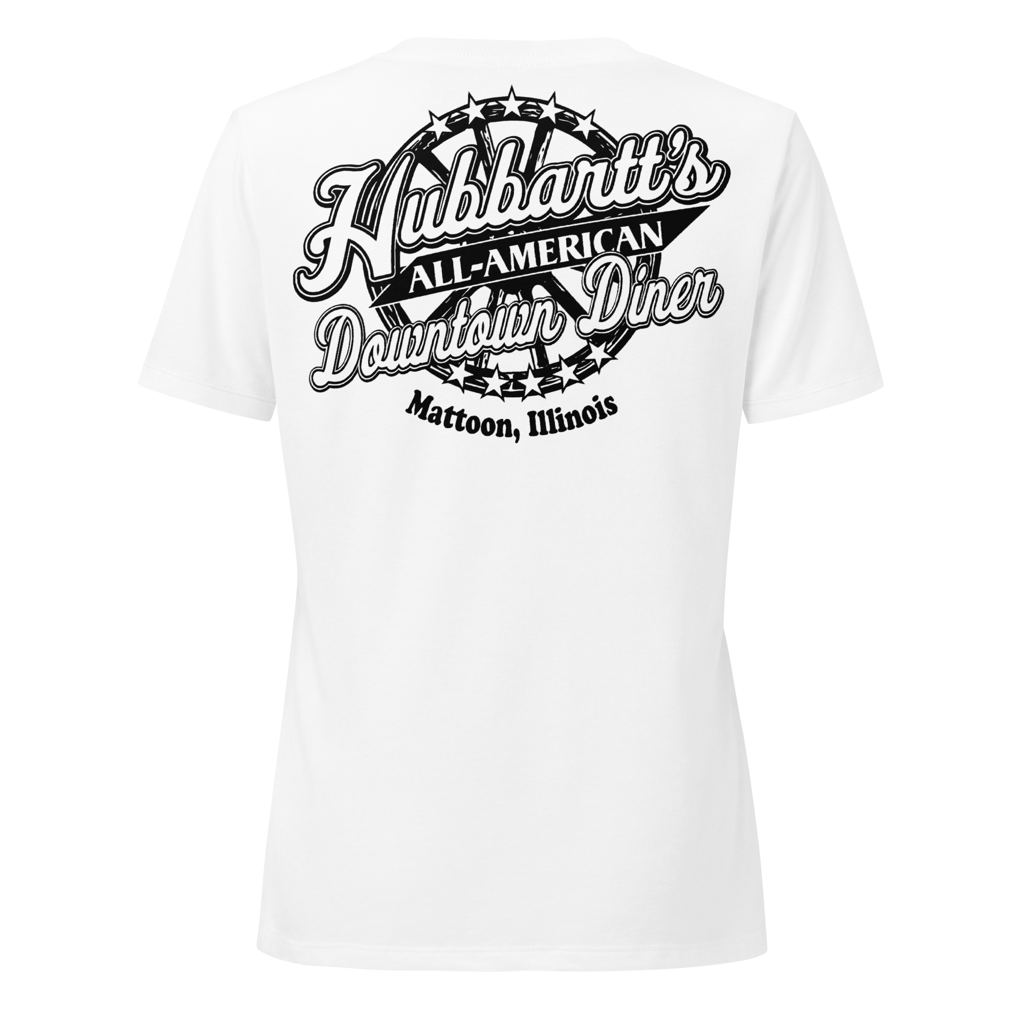 Women’s Relaxed V-Neck T-Shirt - 5 Colors, 5 Sizes, Black Front & Back Logo - From Hubbartt's Downtown Diner at the Monarch Shoppe