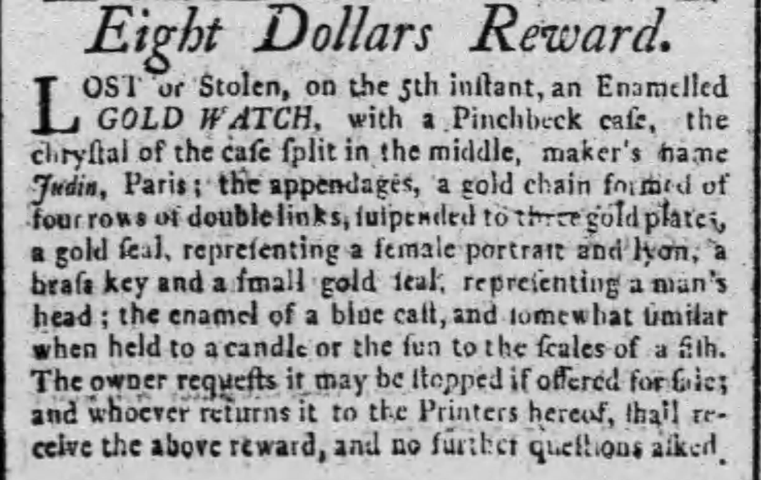 Vintage advertisement for a lost watch in the 18th century