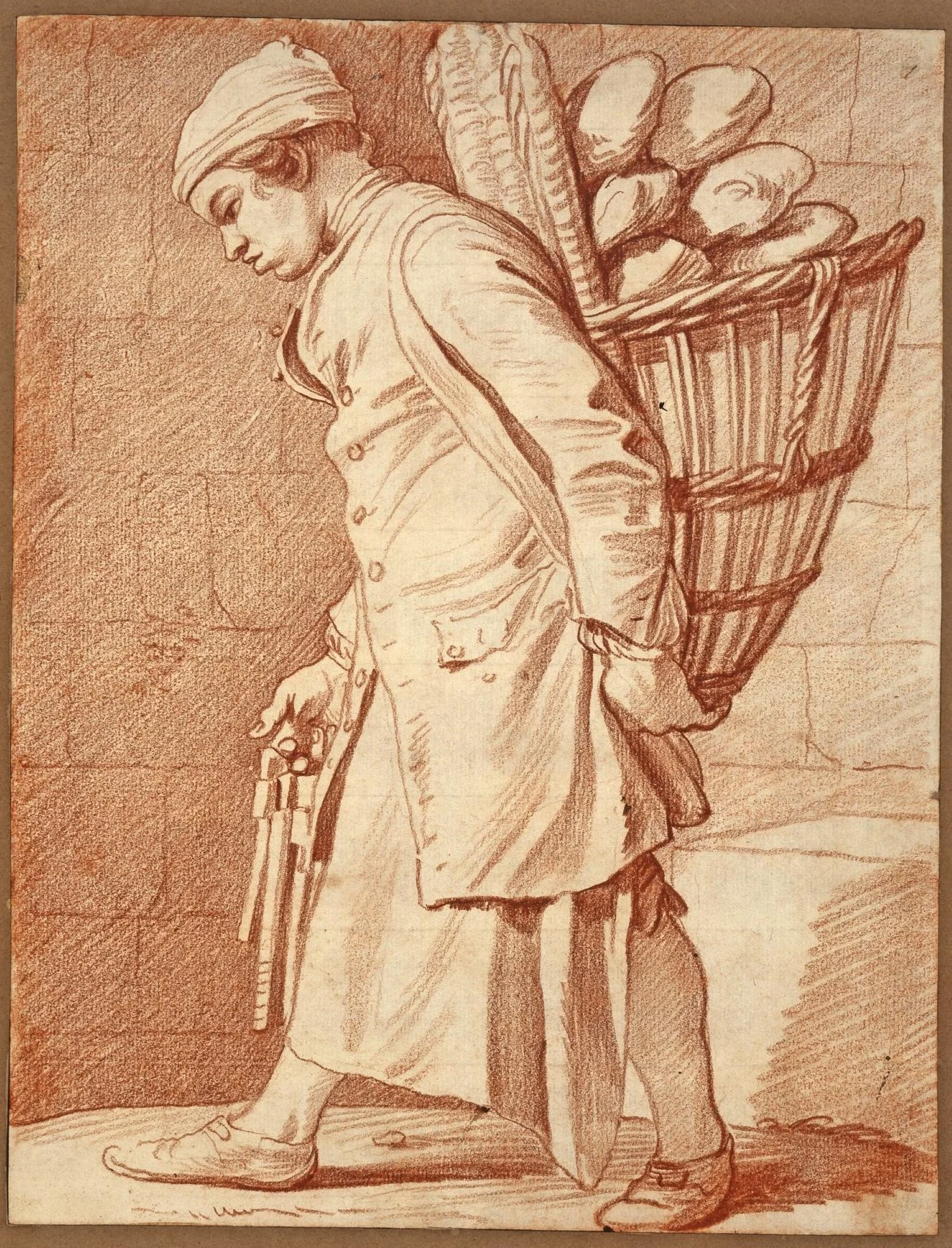 18th century boy carrying loaves of bread in a basket on his back, by Edme Bouchardon