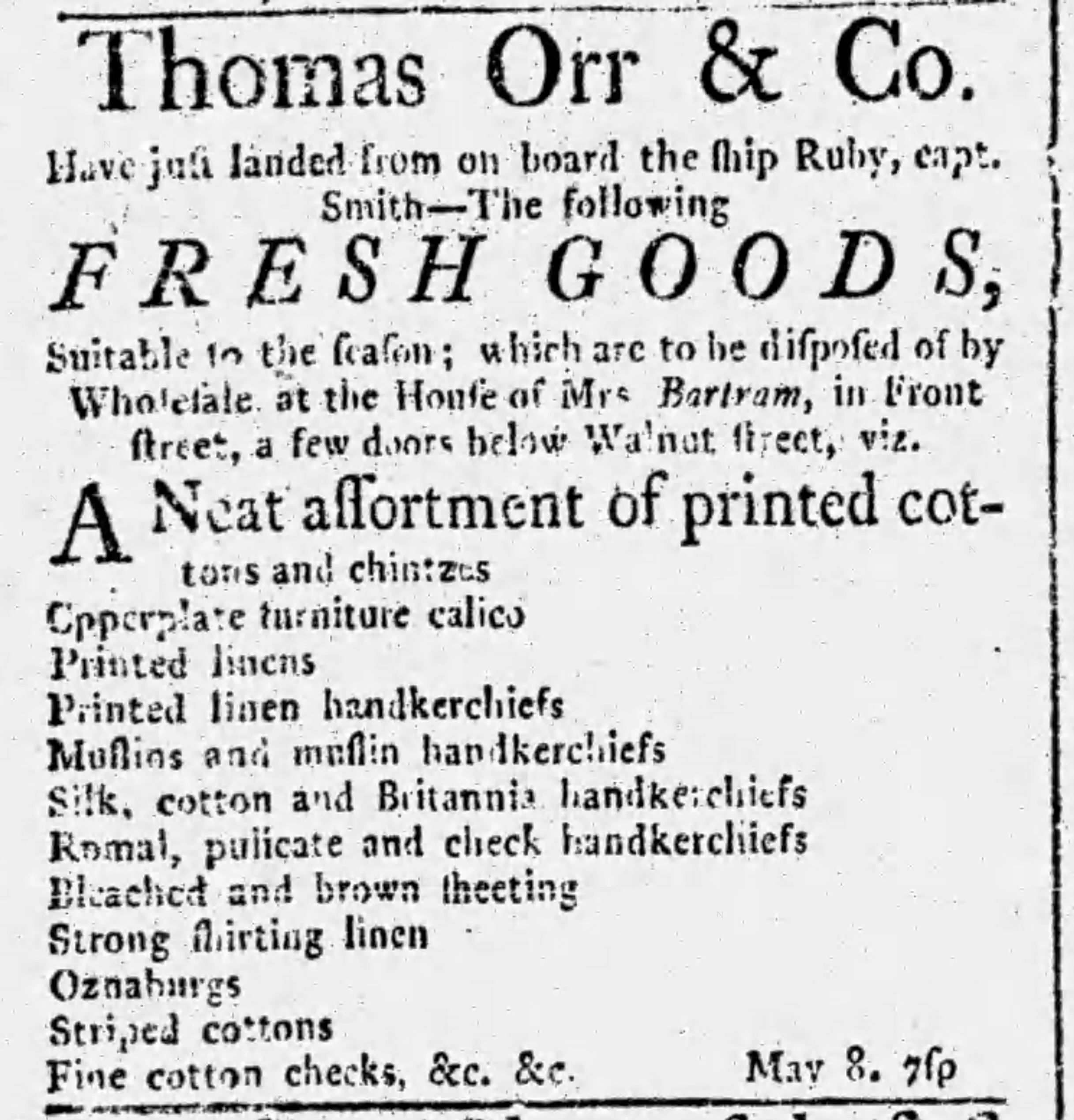 Vintage newspaper advertisement for fresh goods to be sold by Thomas Orr & Co. in Philadelphia, Pennsylvania
