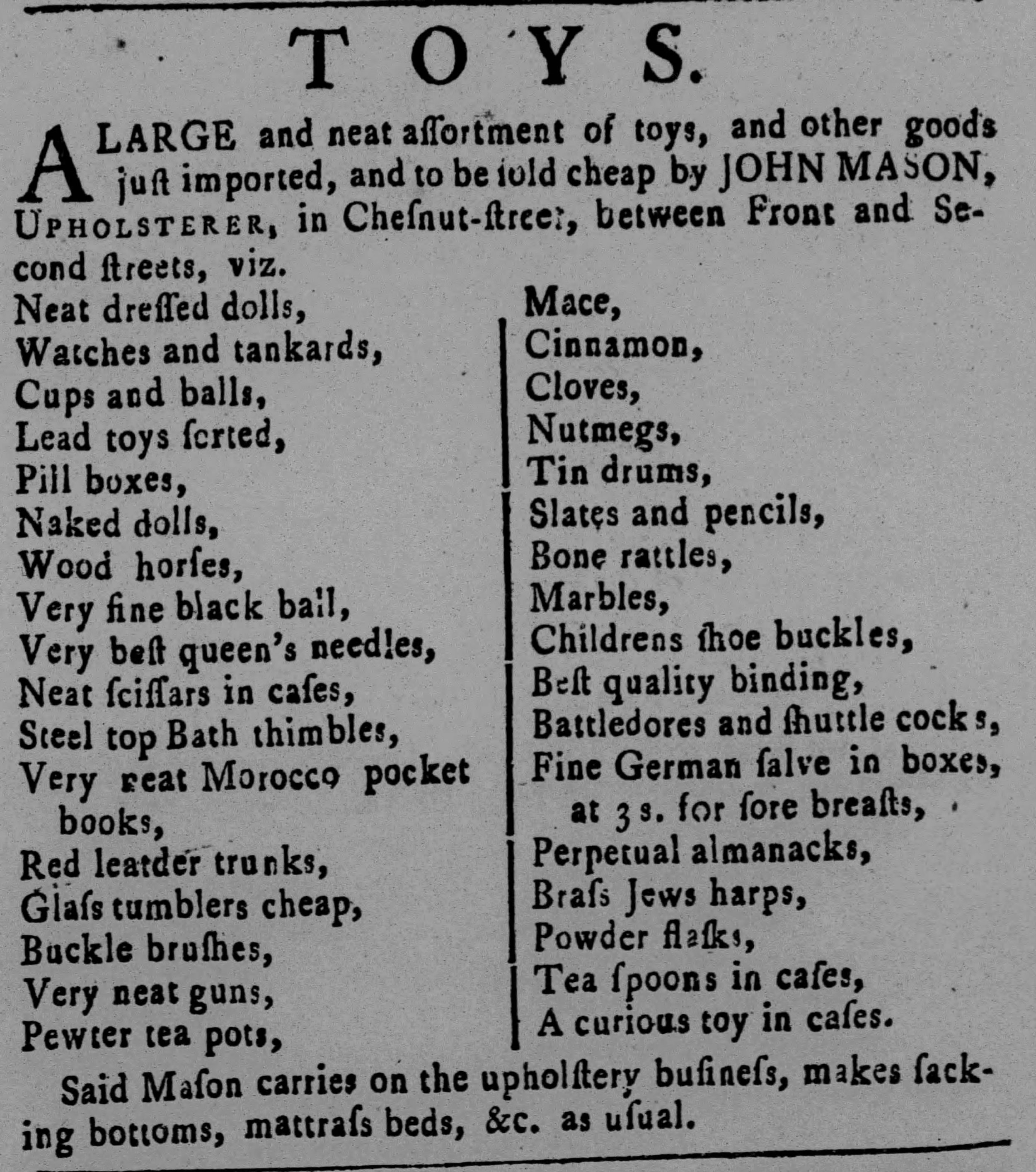 Newspaper clipping with an advertisement for toys to be sold by John Mason, an upholsterer in 18th century Philadelphia