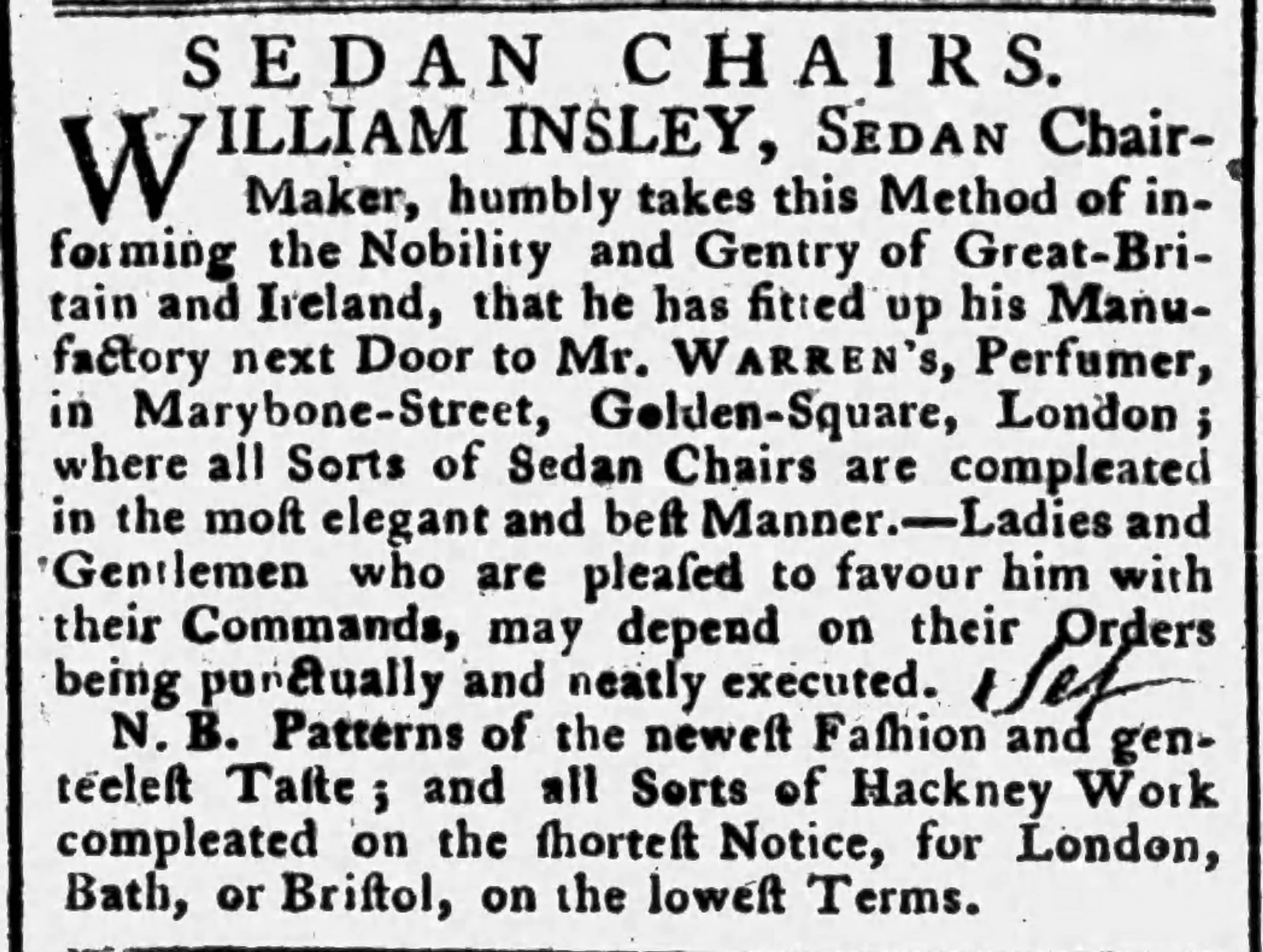 18th century newspaper advertisement for sedan chairs