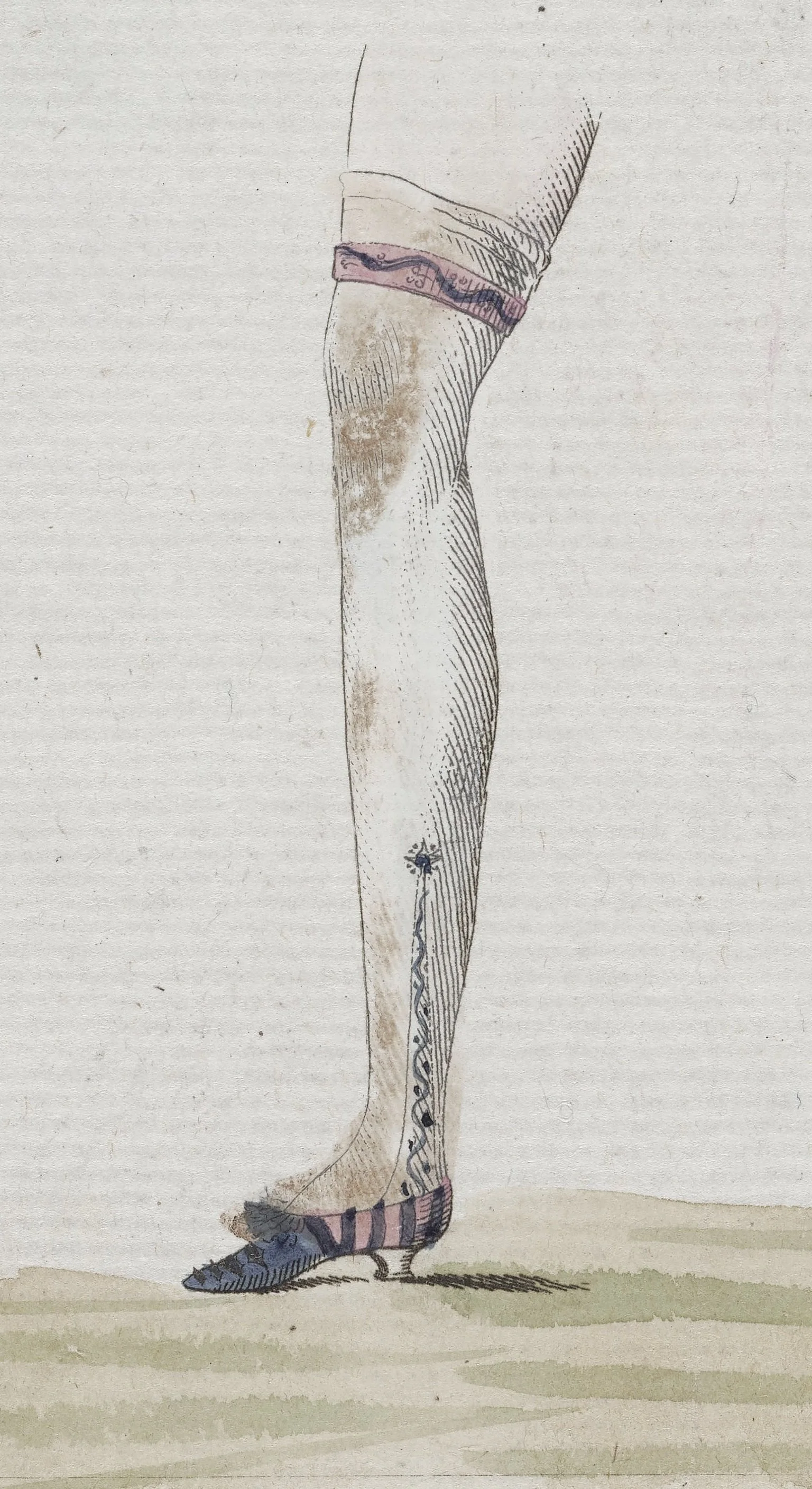 A woman's leg in a clocked silk stocking with a garter with a heeled shoe, 1790