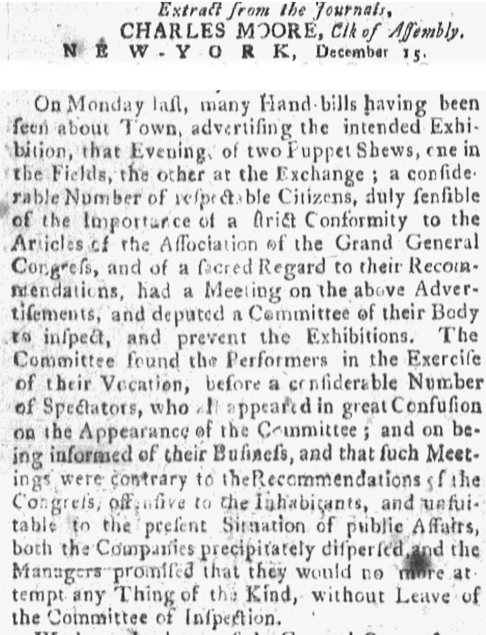 Historical newspaper excerpt from Charles Moore, member of the New York Assembly, dated December 25, reporting on a town meeting about two puppet shows, a committee inspection, and public concerns.