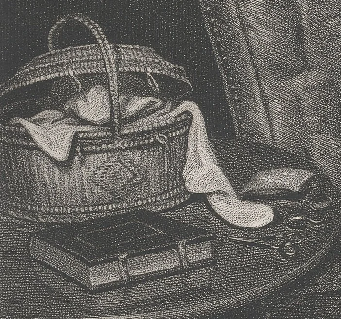 A sewing basket with scissors, a pincushion, and a book