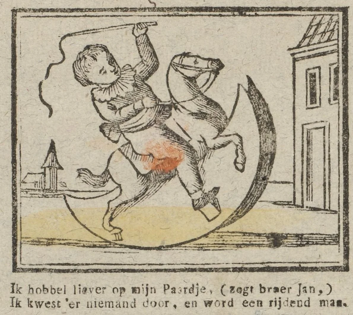 A boy riding an old-fashioned rocking horse.