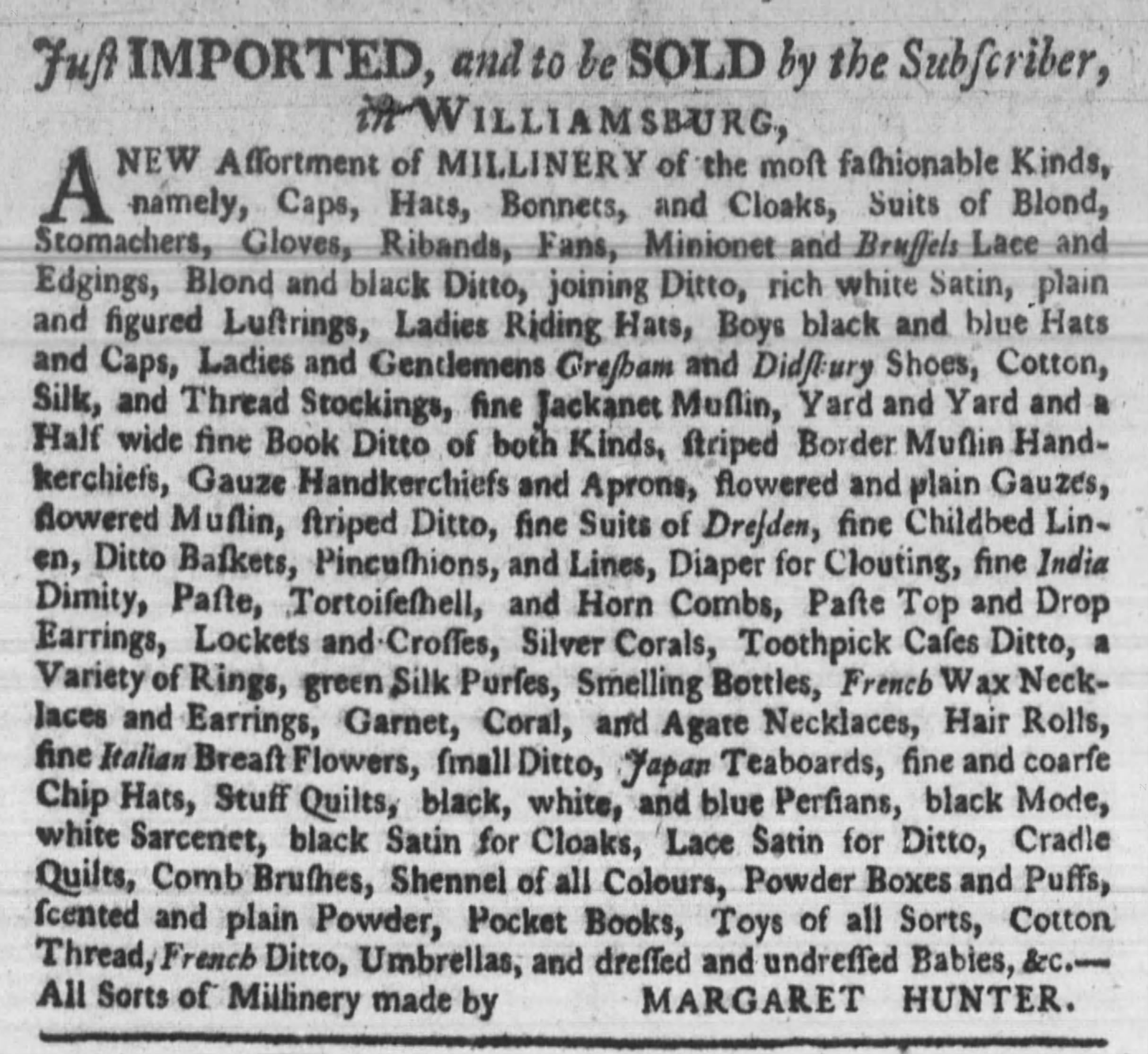 Vintage newspaper advertisement from colonial Williamsburg: Margaret Hunter sells a variety of goods, including clothed and unclothed dolls