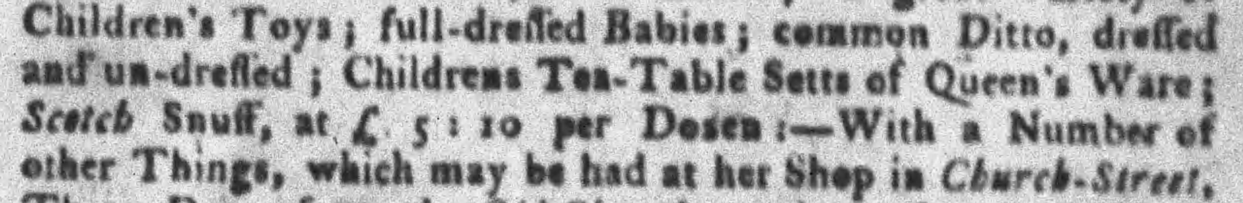Newspaper clipping describing colonial toys sold by Justina St Ledger in Charleston, South Carolina