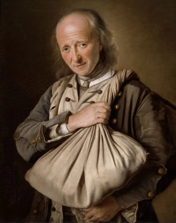 Portrait of a beggar in ragged brown clothing, holding a large white linen wallet, from a painting by Françoise Duparc