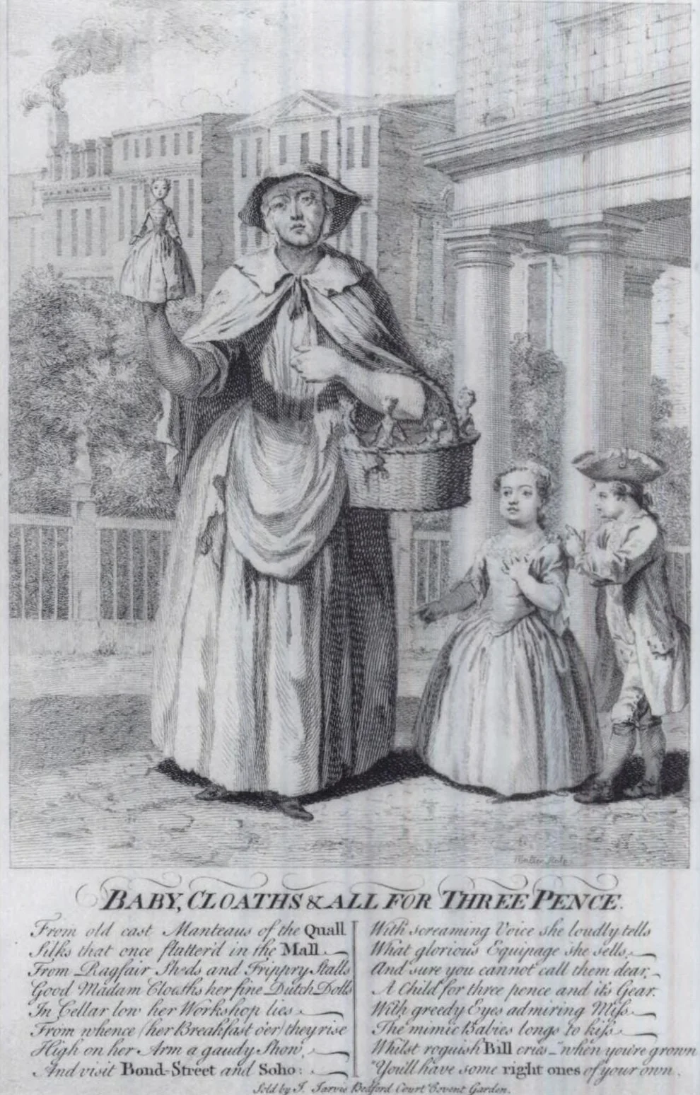 Baby, Cloaths and All: A peddler sells dolls, while two children stand next to her.