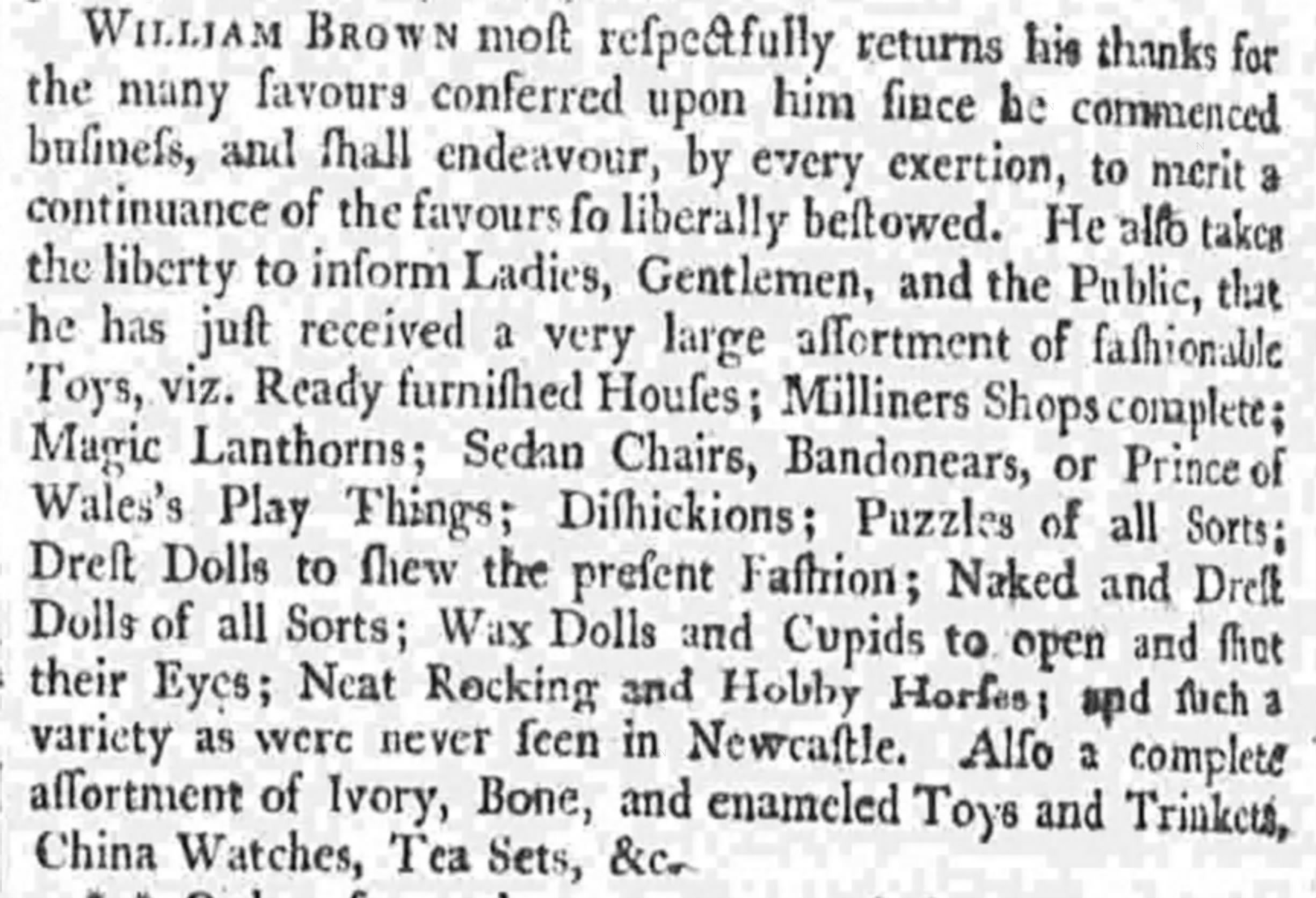 Vintage newspaper clipping with part of an advertisement for Georgian toys and 18th century dolls sold by William Brown