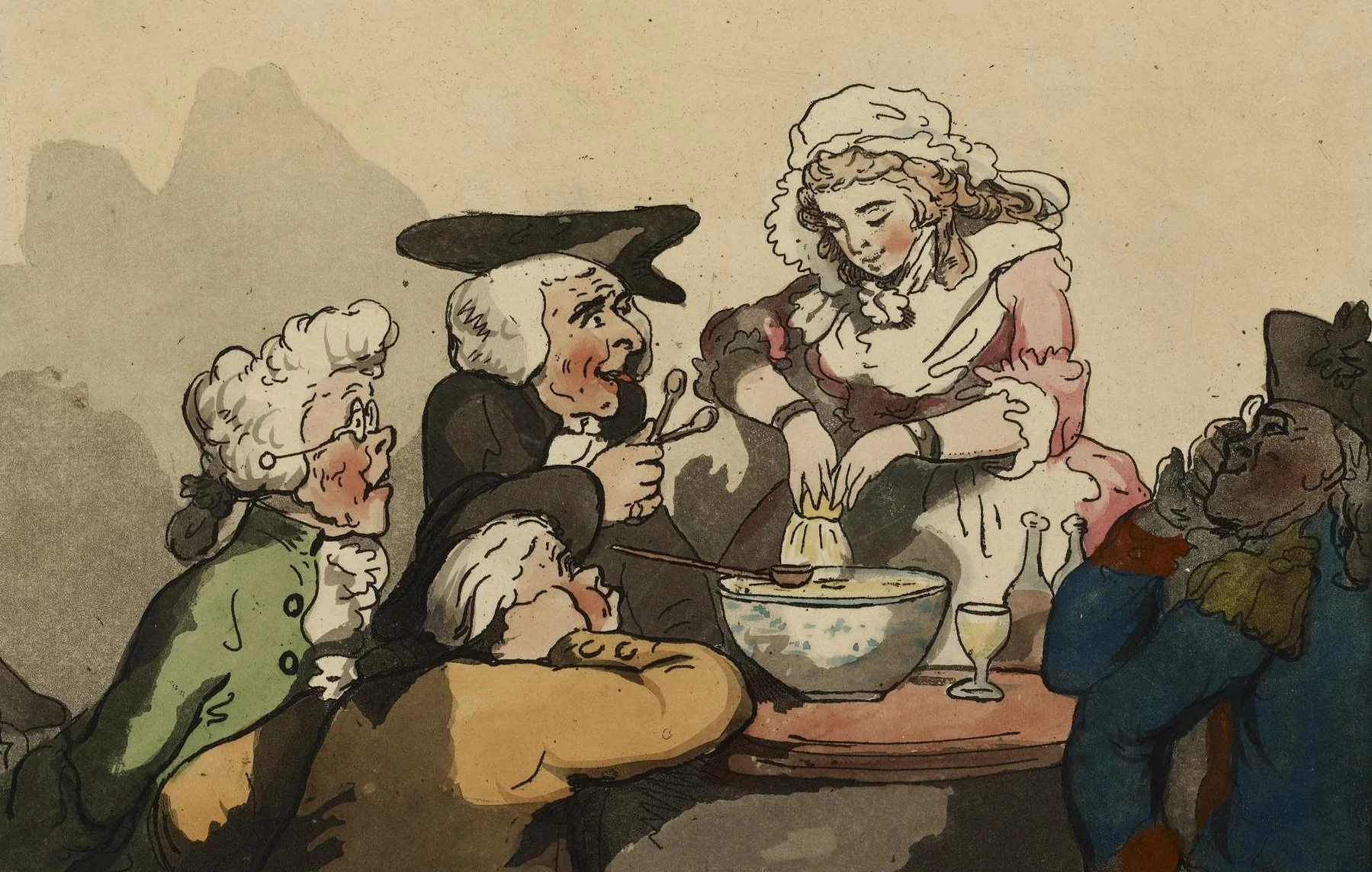 Old men in 18th century clothing watch a young woman make punch