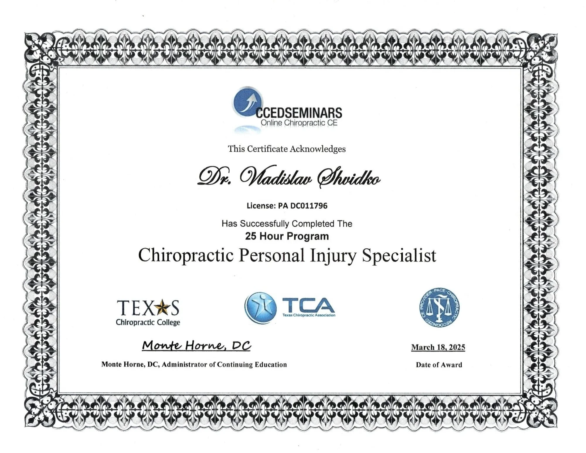 Certification in Personal Injury Specialist (CPIS), focused on trauma-related musculoskeletal care.
Training included injury mechanism evaluation, diagnostic imaging, legal documentation, and case management — supporting effective treatment for accid