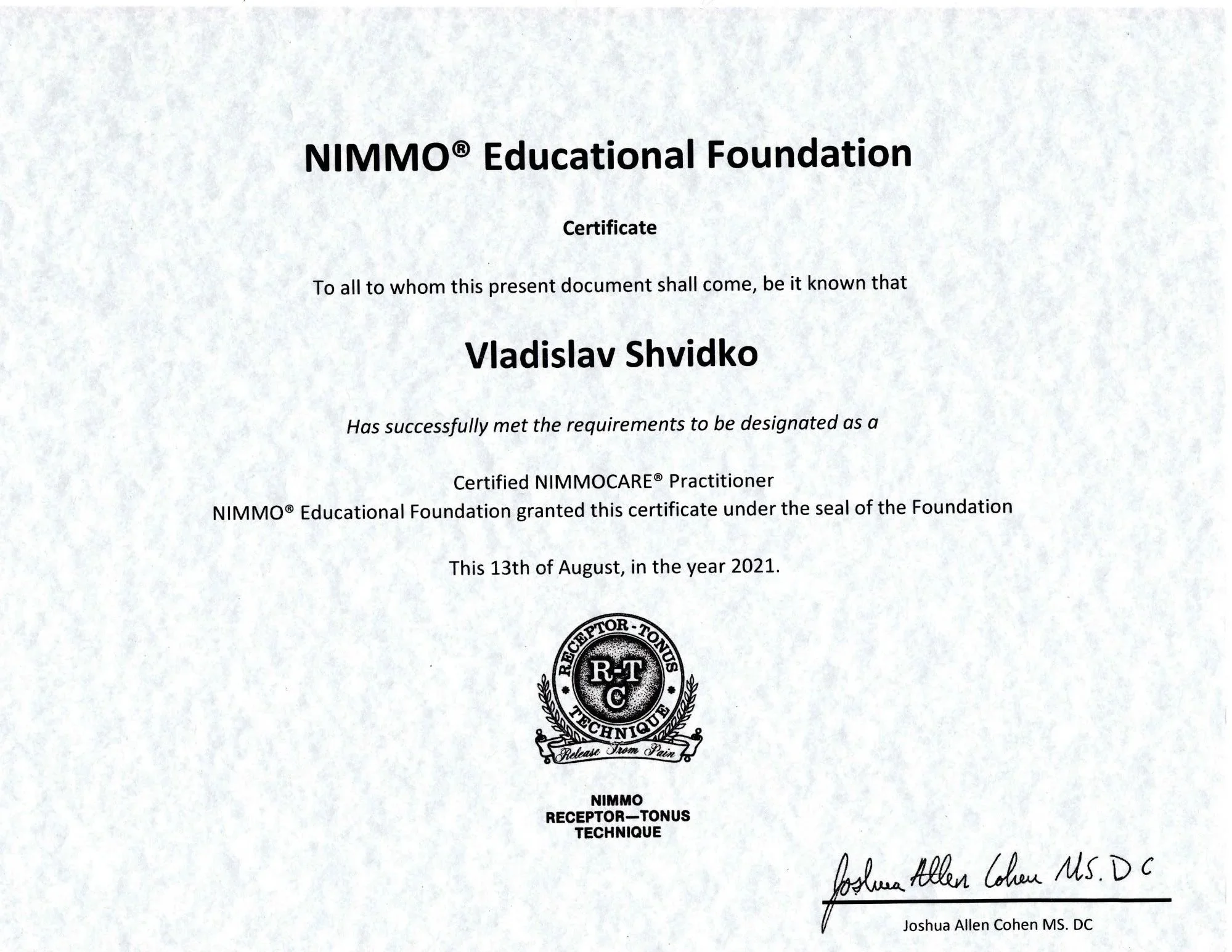 Certification in the Nimmo Receptor-Tonus Technique, a specialized approach to identifying and treating neuromuscular trigger points. Training emphasized myofascial assessment, ischemic compression, and reducing muscle hypertonicity to restore balanc