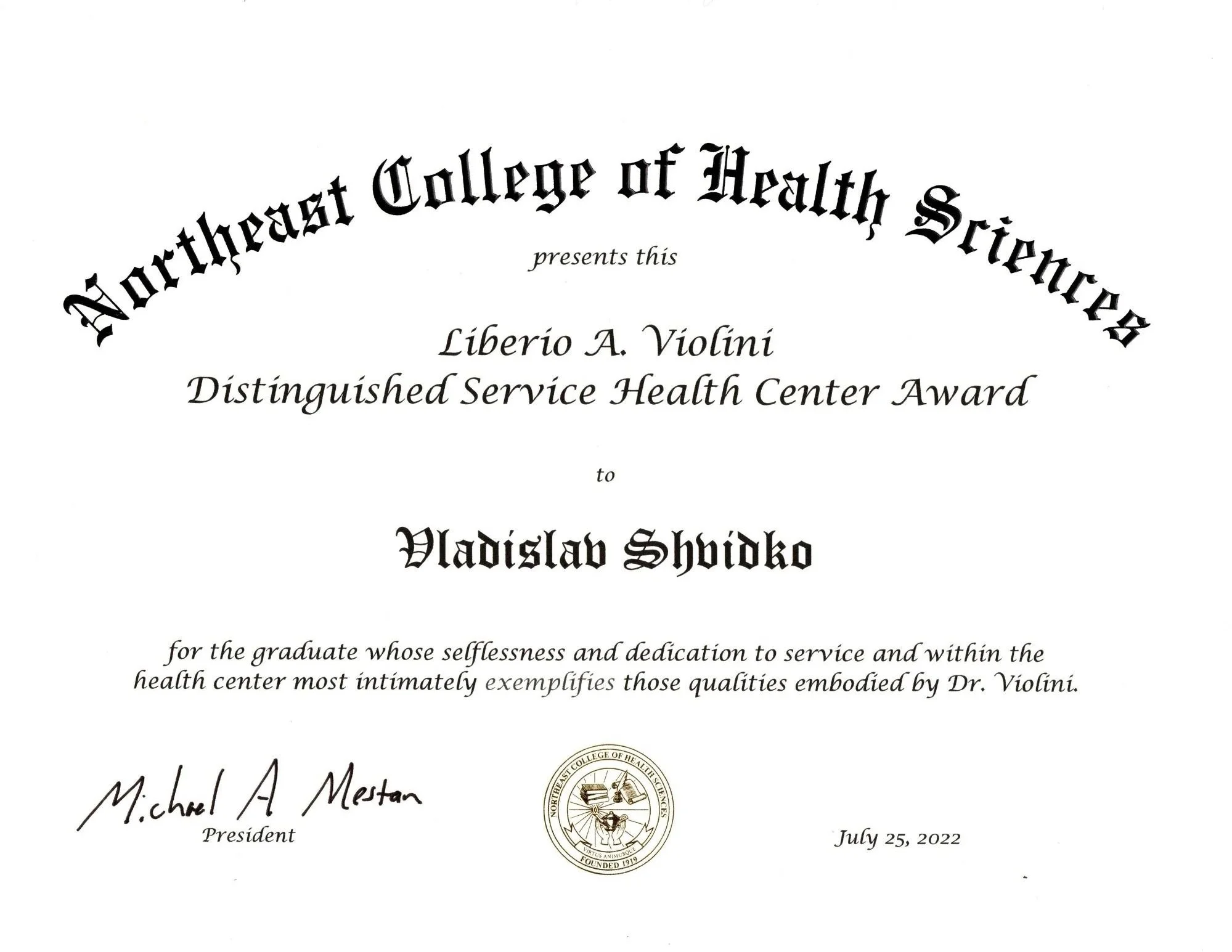 July, 2022
An award from New York Chiropractic College recognizing exceptional clinical performance.
Given to interns or recent graduates who demonstrate excellence in patient care, evaluation, adjustment techniques, and support of colleagues.