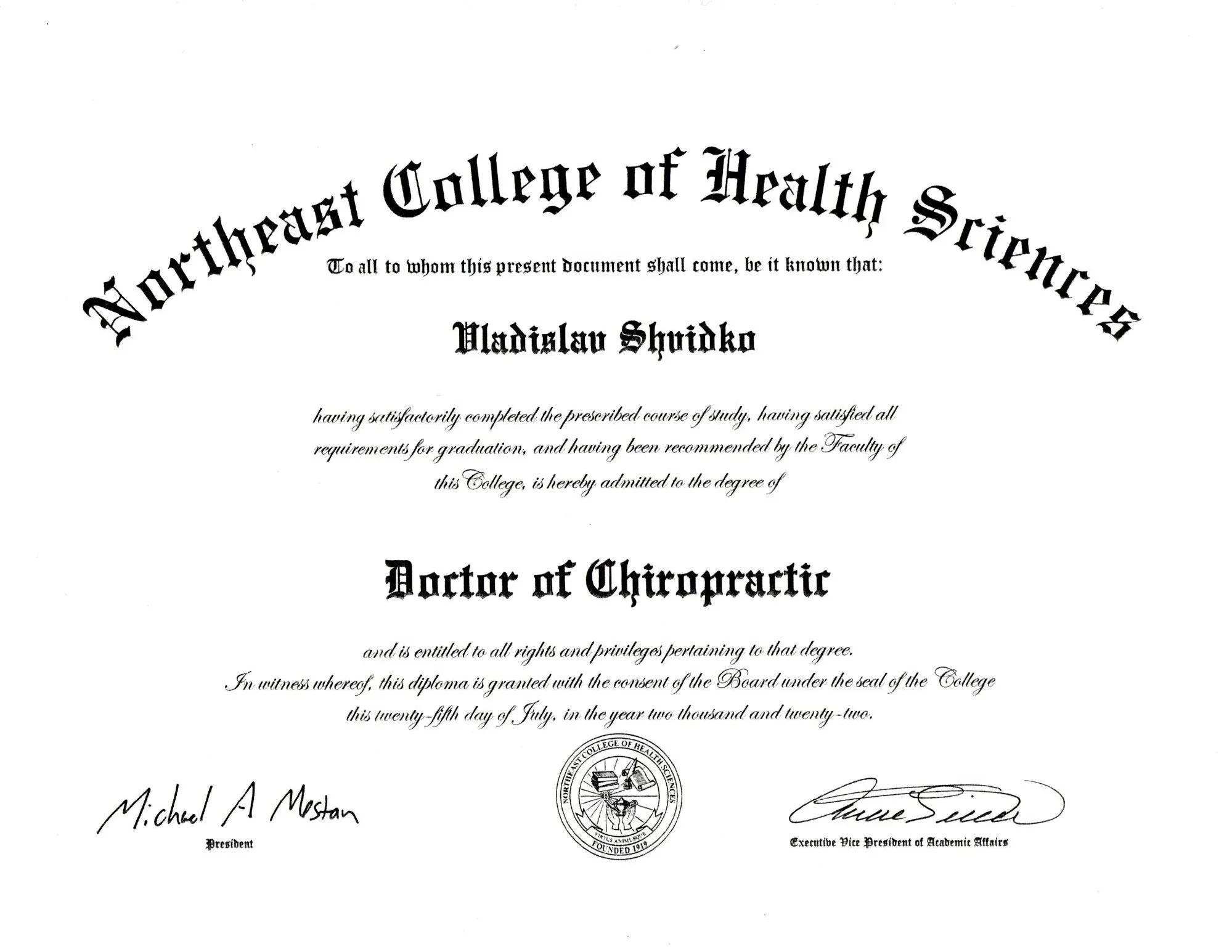 Earned the Doctor of Chiropractic (D.C.) degree in 2022, with training in anatomy, physiology, neuromusculoskeletal health, diagnostic imaging, and evidence-based adjusting techniques. Emphasis on patient-centered care and restoring healthy movement 