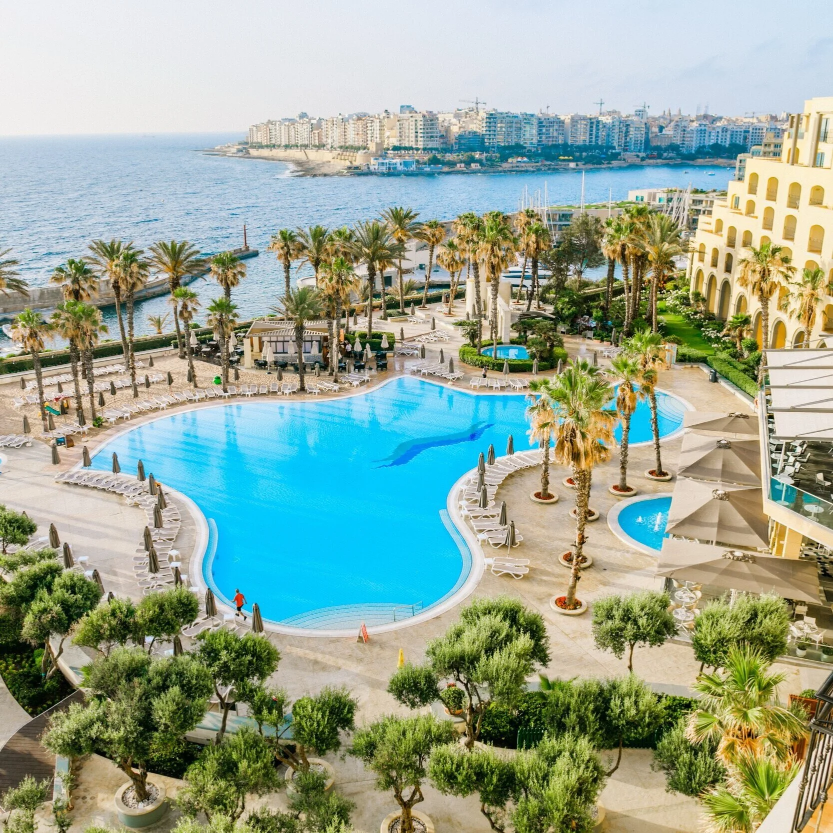 Aerial view of a luxury hotel pool area with palm trees, lounge chairs, umbrellas, and a pool shaped like a dolphin, overlooking a city and water.