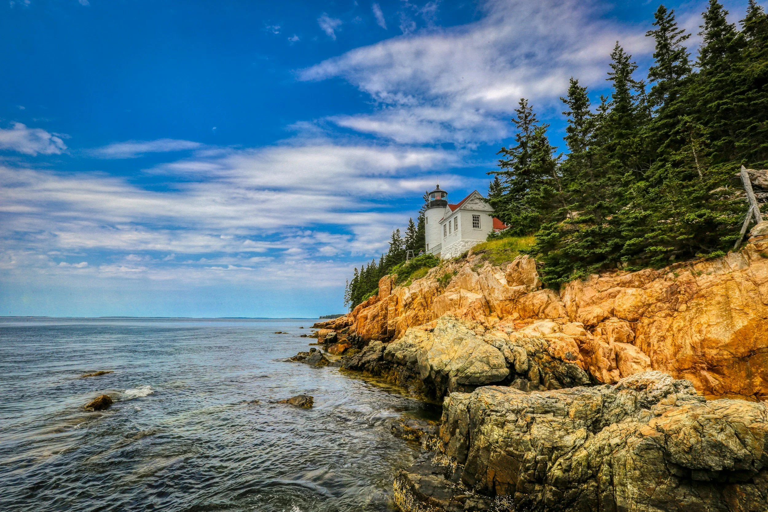 A white lighthouse on a rocky cliff surrounded by green pine trees, overlooking the ocean under a partly cloudy blue sky.