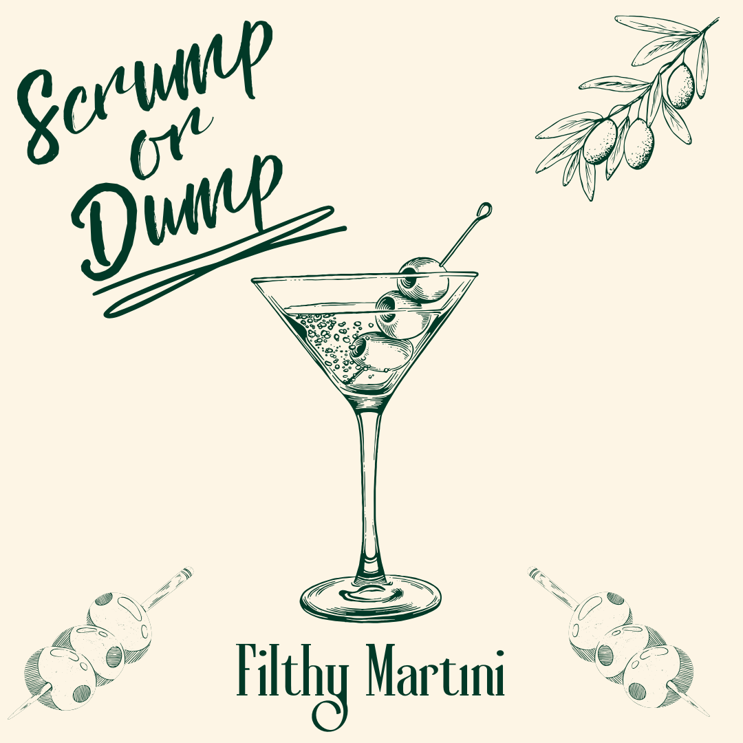 2.5 oz Gin, 1 Dash of Vermouth, Olive Brine, Garnish: 3 Blue Cheese Olives