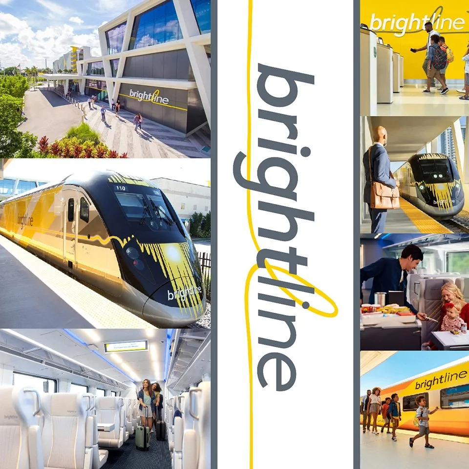 Brightline train at station, passengers boarding and inside train, children and adults using ticket kiosks, people on train platform, travelers with luggage, children eating at a table, and a bright yellow Brightline train.