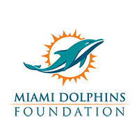 Miami Dolphins Foundation logo featuring a stylized dolphin jumping in front of an orange sunburst with text.