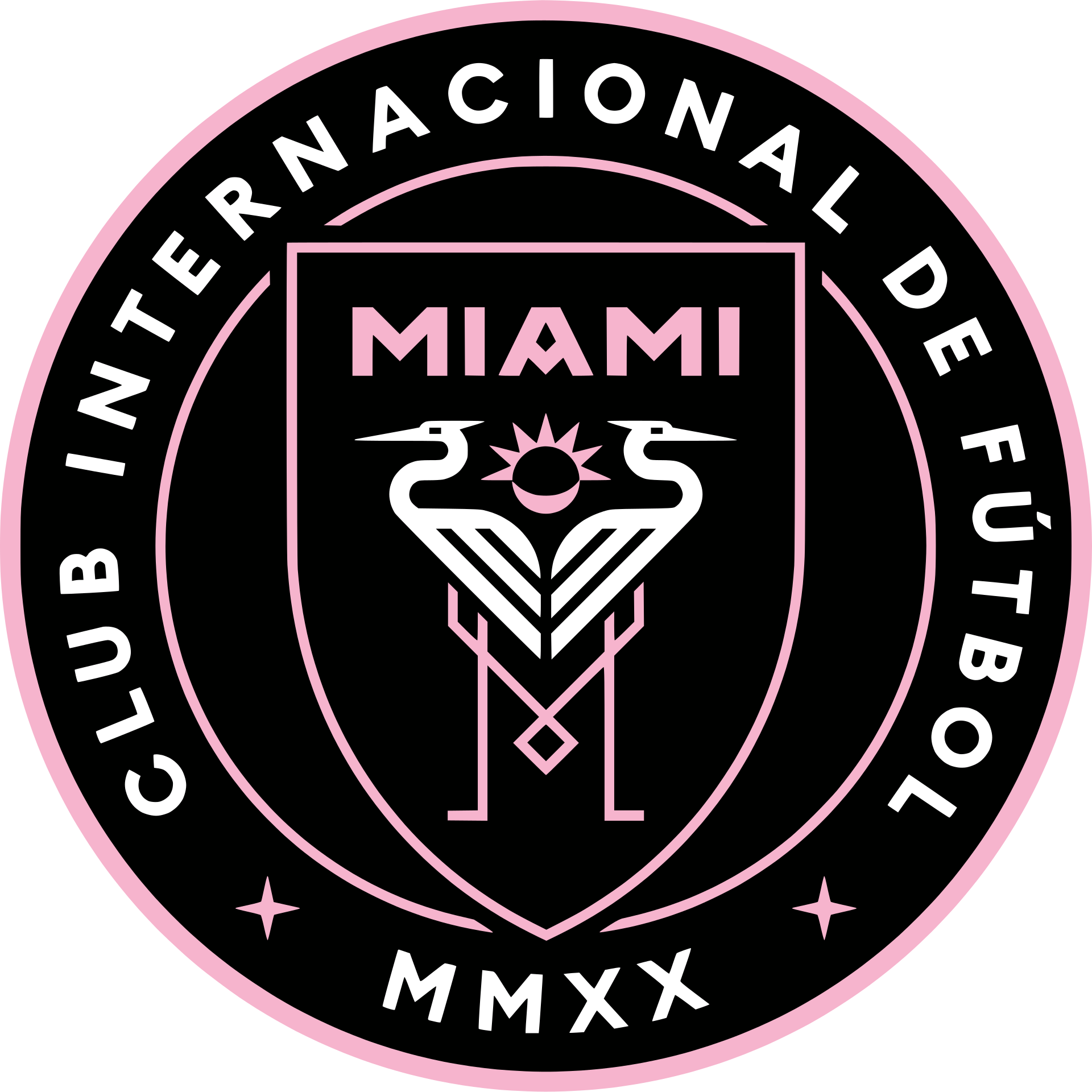 Logo of the Club Internacional de Fútbol Miami, featuring a shield with stylized flamingos, the word MIAMI, and the Roman numerals MMXX.